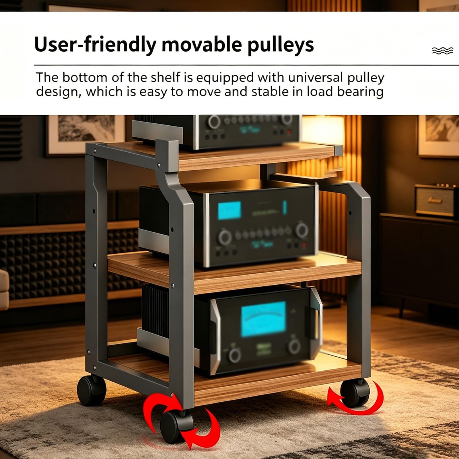 Mobiler 5-stöckiger HiFi Regal,Schallplattenspieler Regal Mit Rollen, Schwerlast Stahl AV-Rack,phonoschrank Für Verstärker, Receiver, Lautsprecher,Plattenspieler(Teak)