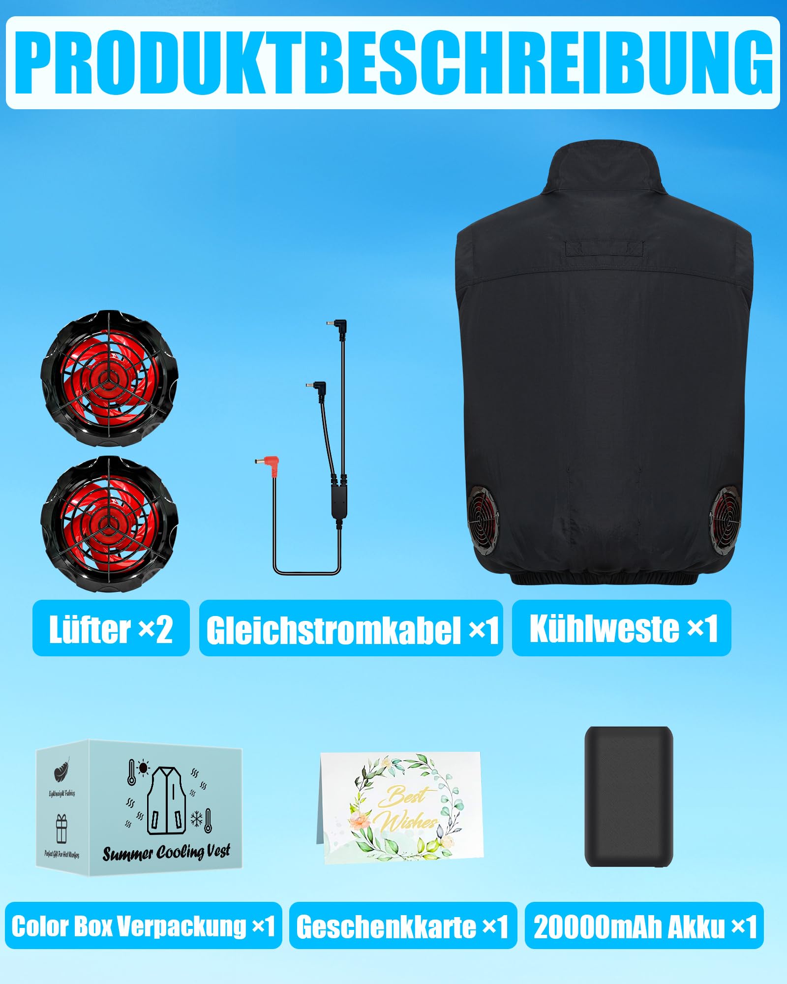 Giubbotto refrigerante con batteria da 21 V, 20000 mAh, 2 ventole senza spazzole, per uomini e donne