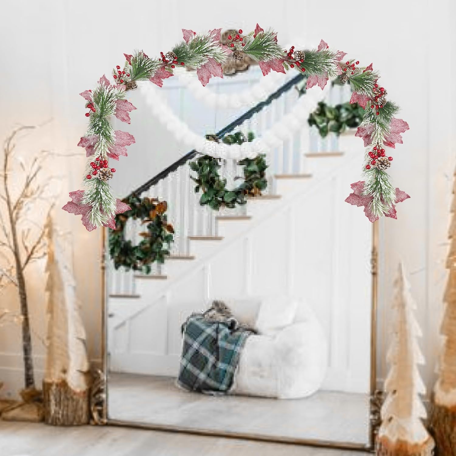 CISDUEO Christmas Garland Artificial Poinsettia Christmas Flowers Red Artificial Berries Garland with Pine Cones for Outdoor Indoor Mantle Fireplace Holiday Winter Door Table Centerpiece 6FT - Image 5