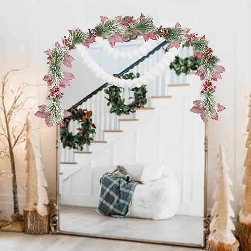 Miniatura 5 de CISDUEO Guirnalda de flores de Pascua artificiales de Navidad, guirnalda de bayas artificiales rojas con conos de pino para exteriores, interiores,