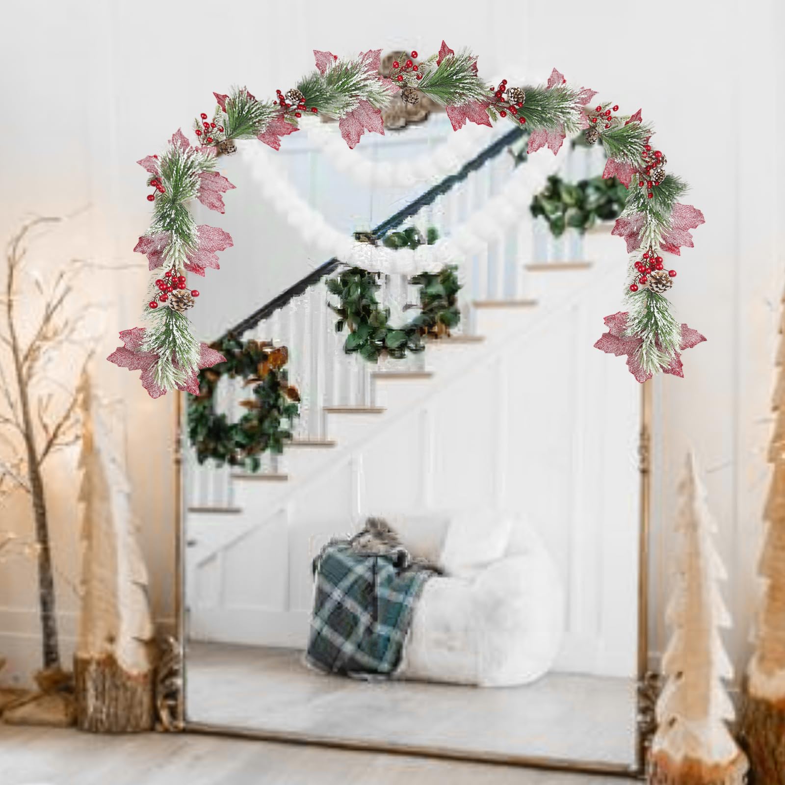 CISDUEO Guirnalda de flores de Pascua artificiales de Navidad, guirnalda de bayas artificiales rojas con piñas de pino para exteriores, interiores, chimenea, vacaciones, invierno, puerta, mesa, centro