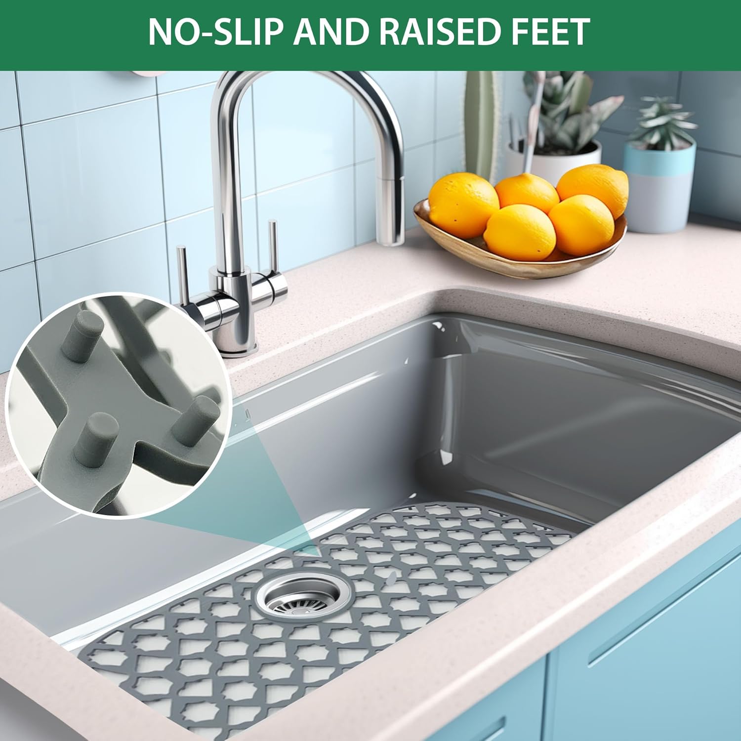 Sink Protectors for Kitchen Sink 13x11 &16x12 & 18x16 & 19x14 & 21x16 & 22x13 & 24x13 & 25x16 & 26x14 & 28x14 & 30x16, Silicone Sink Mat Grid (21"x16", Rear Drain)