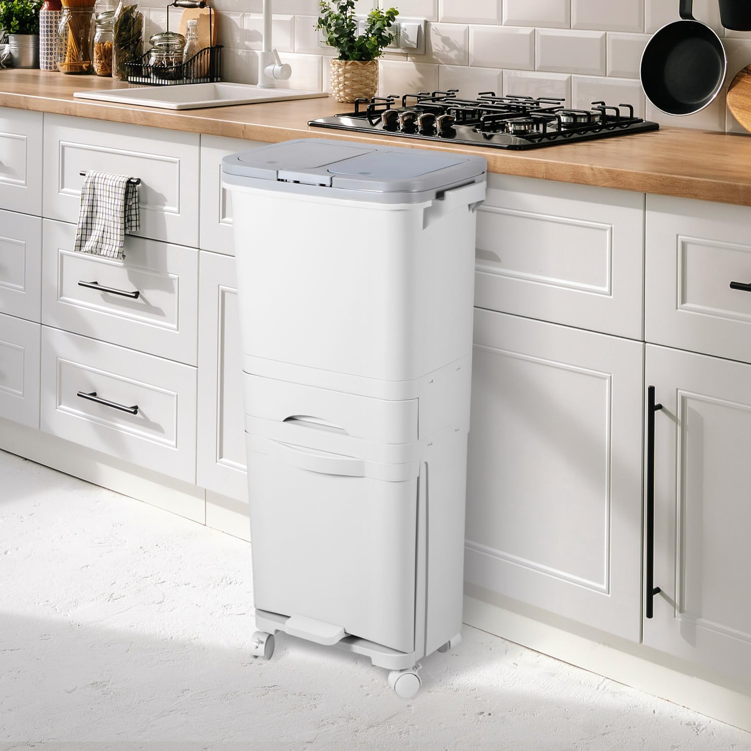 Mülleimer Küche 42L,3 Fächer Mülltrennsystem Kunststoff Weiß | Küchenmülleimer mit Deckel und Click-Funktion,Abfalleimer mit Pedal,Rollen und Feststellbremsen für Küche und Büro
