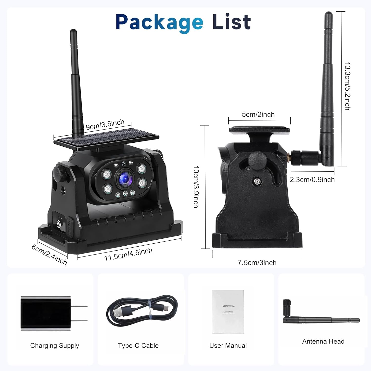 Diagram showing the package contents and dimensions of the Podofo Wireless Backup Camera.