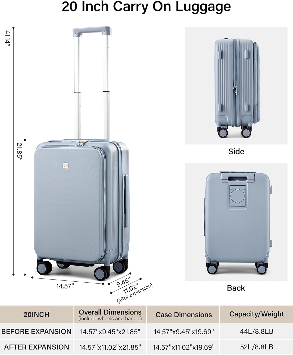 Hanke 20 Inch Expandable Carry On Luggage Airline Approved Top Opening Travel Luggage Rolling Suitcase with Cup Holder Hard Shell Suitcases with Wheels (Grey) - Image 2