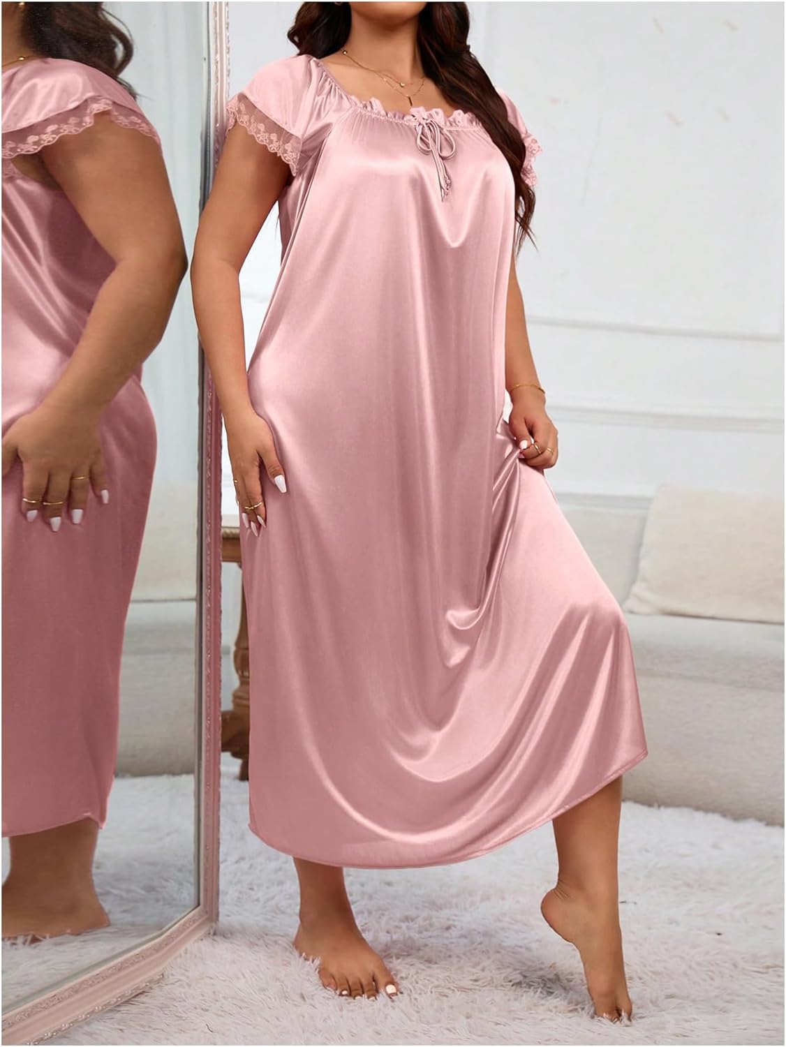 WDIRARA Women's Plus Size Satin Nightgowns Contrast Lace Square Neck Short Sleeve Night Dress - Image 5