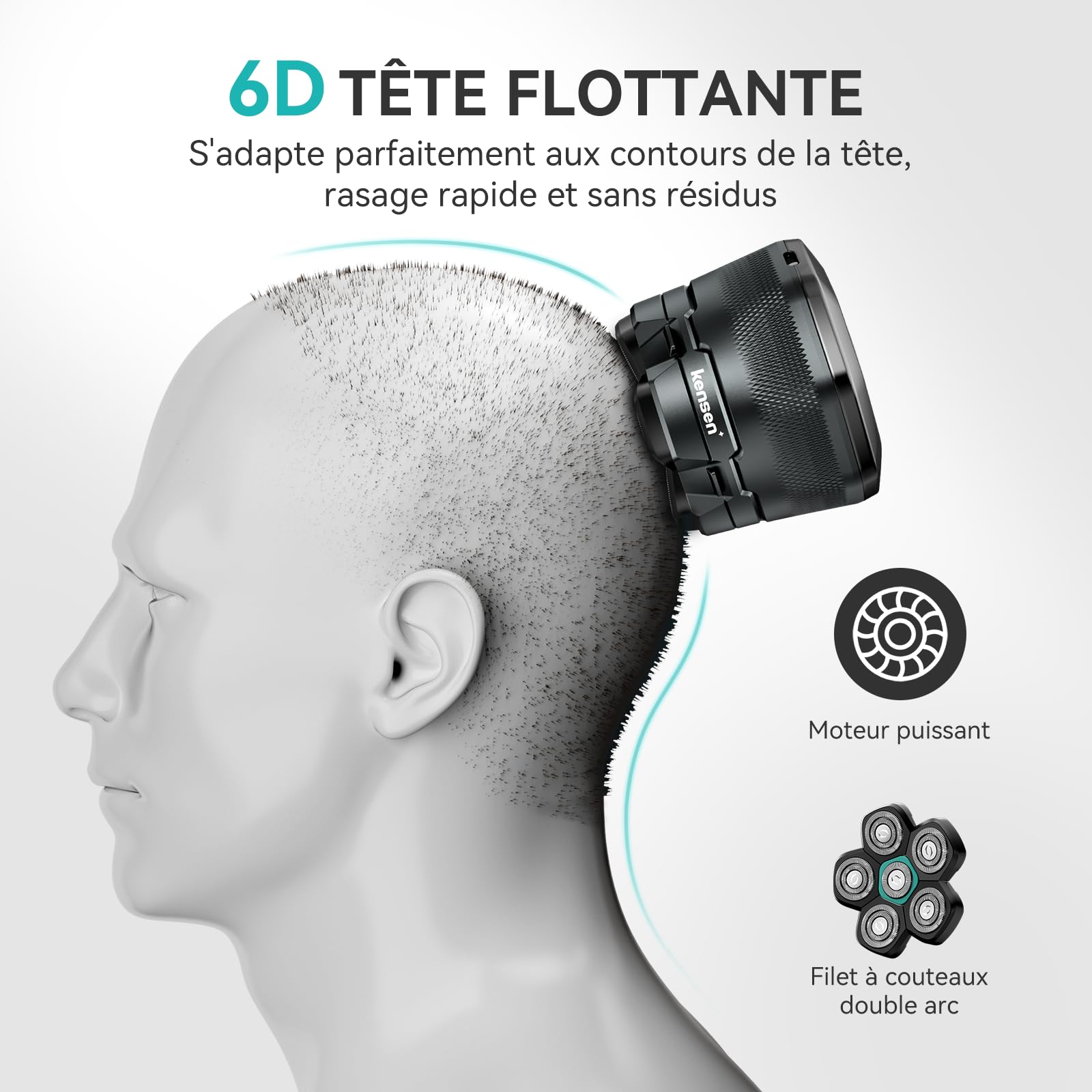 kensen Rasoir Tete Chauve Homme 6D Rasoir Electriques Hommes Cheveux 160 mins d'autonomie Rasoir Crane Homme Chauve Étanche Wet & Dry Type-C Tondeuse Crane Chauve sans Fil avec Écran LED