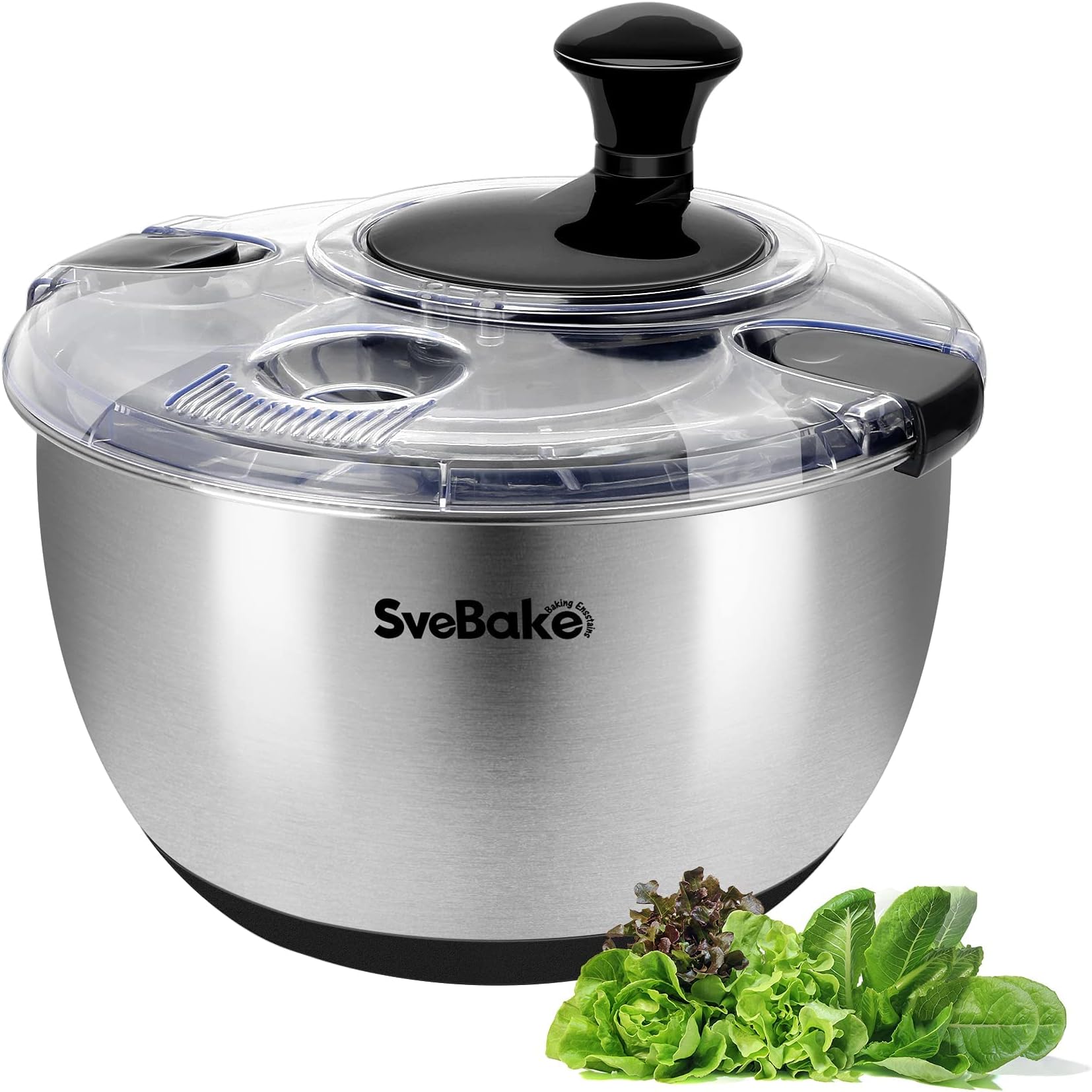 Stainless Steel Salad Spinner, 4.8 Qt Vegetable Washer, BPA-Free Lettuce Dryer with Crank Design, Dishwasher Safe, Non-Slip Base - Transparent Lid