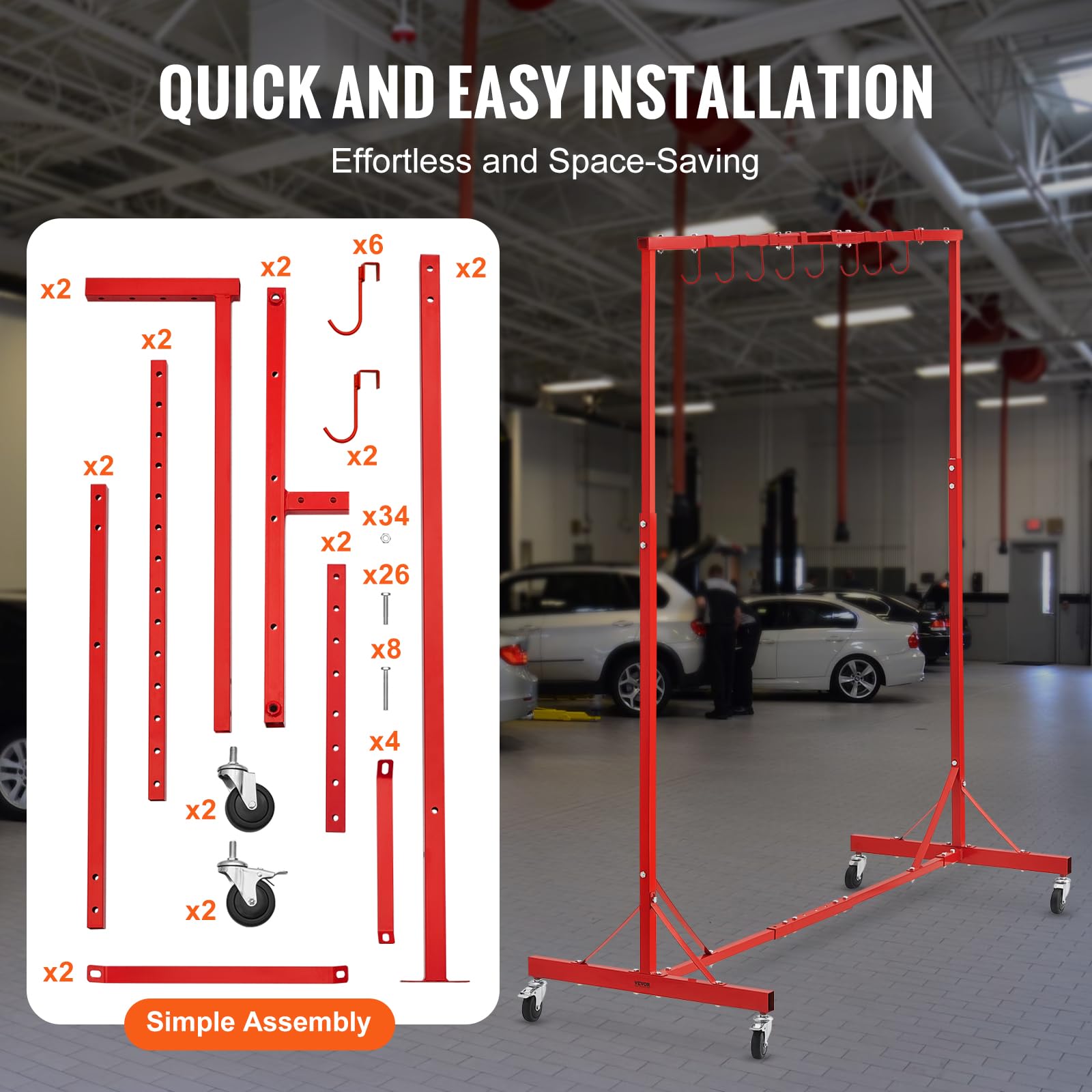 VEVOR Supporto per Verniciatura, Altezza Regolabile da 1,5 a 2,1 m Supporto per Carrozzeria per Auto con 8 Ganci, 4 Ruote Girevoli, Capacità di 30 kg per Officine di Riparazione Auto e Garage, Rosso