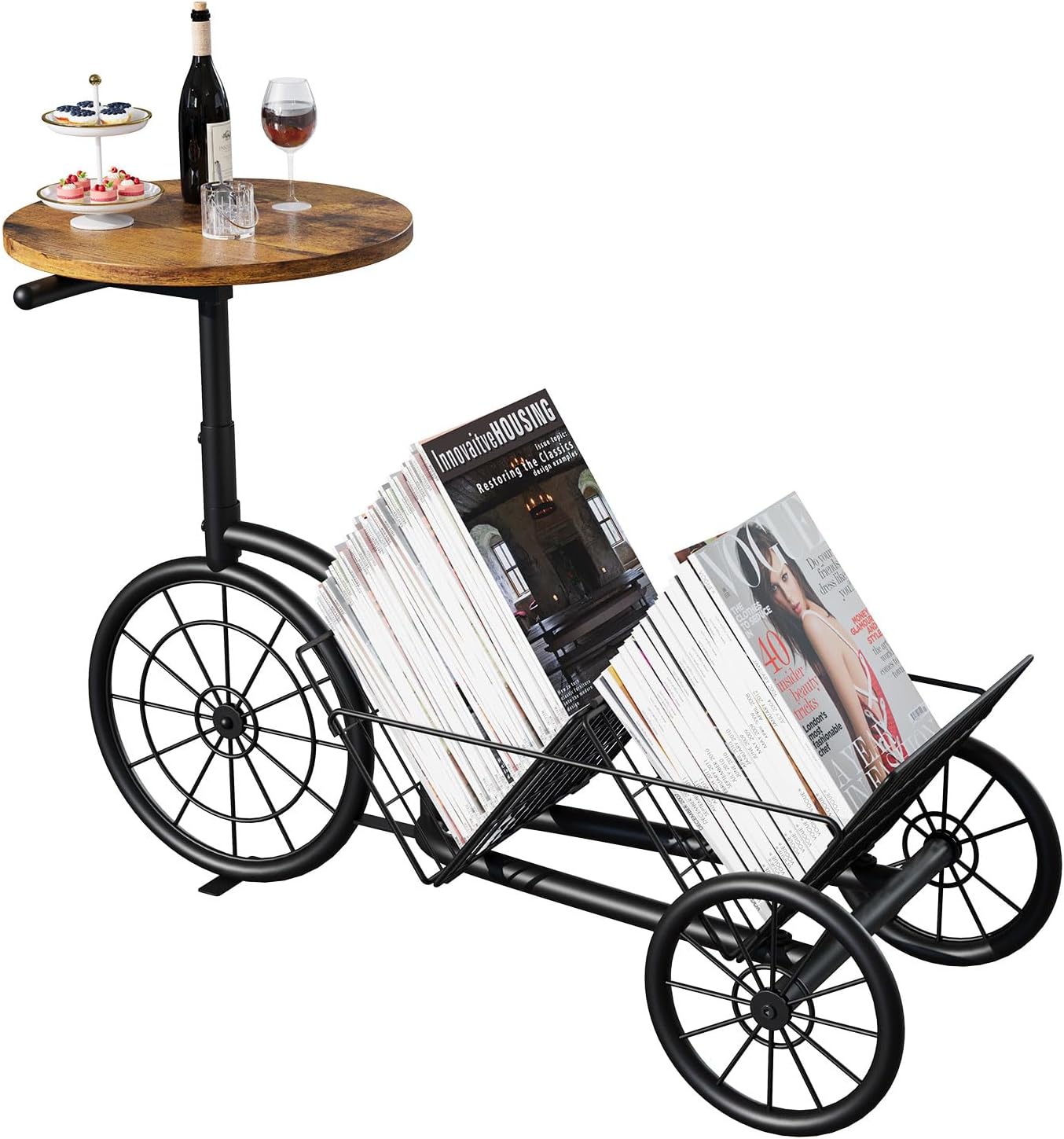 Magazine Holder, Modern Industrial Magazine Organizer for Home and Office, Creative Sofa End Table with Vinyl Record Storage, Bike Style