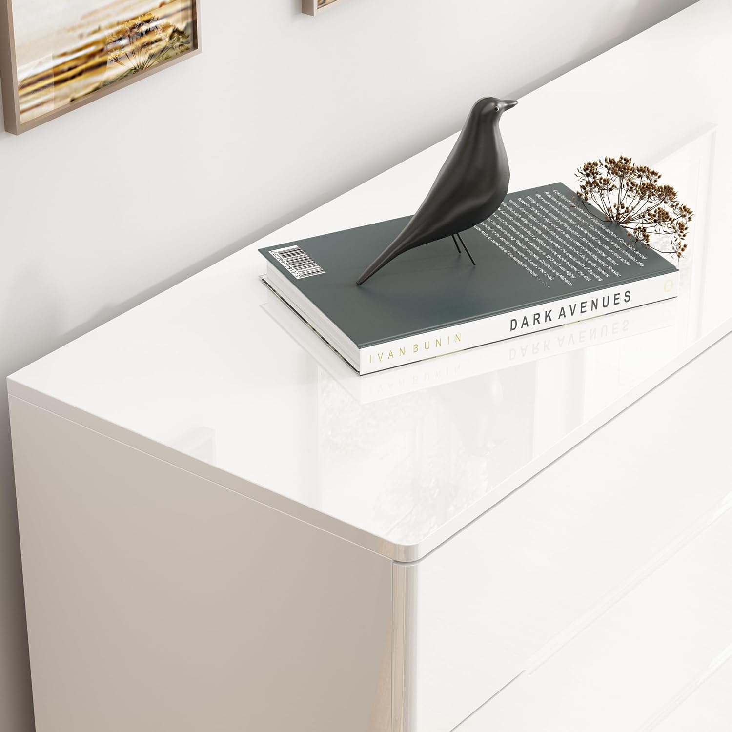 Close-up of the high-gloss surface of the dresser