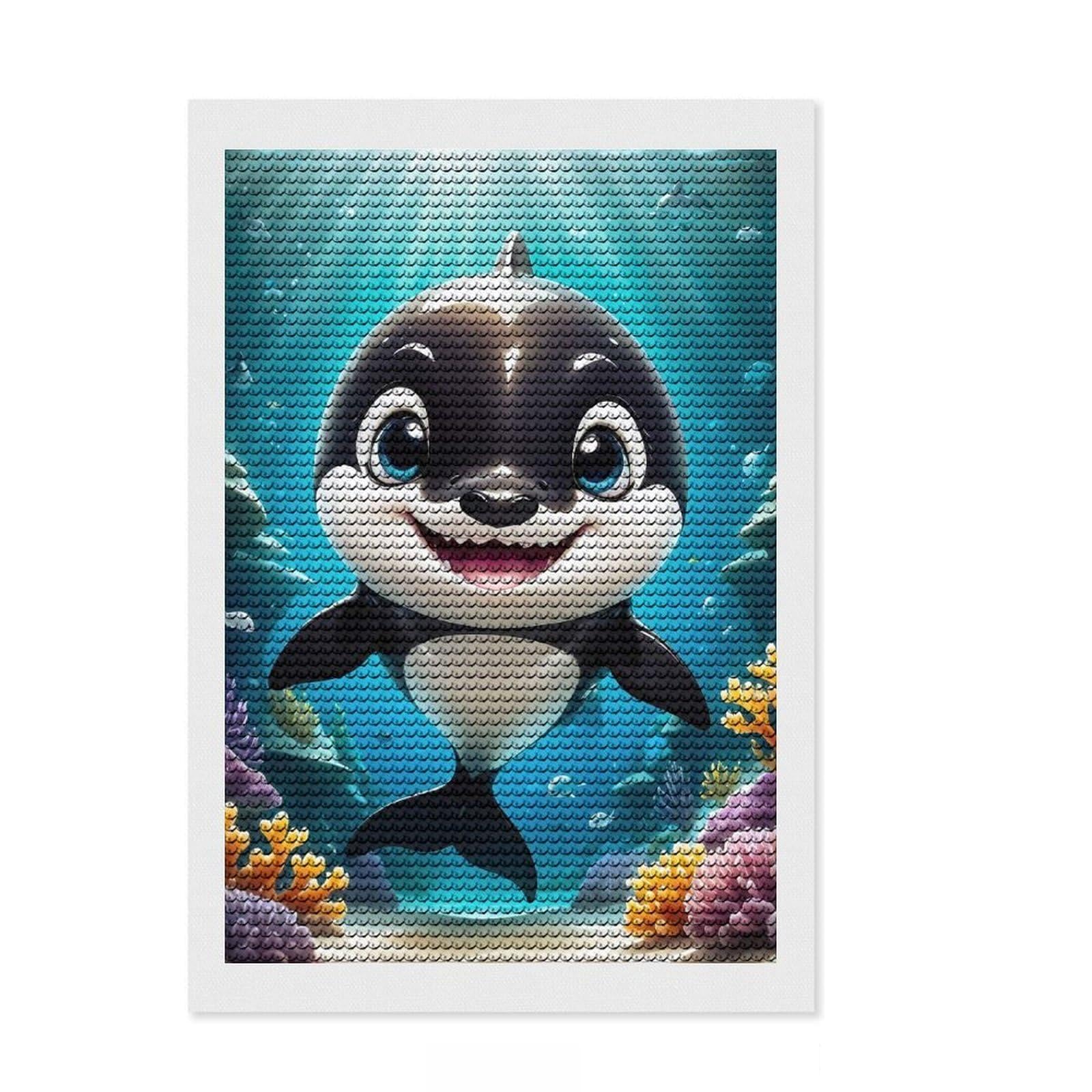 Junmoney Happy Orca Full Drill Diamond Painting Kit 8"x12", Full Kit Included, Aesthetic Room Decor, for Family Craft Time