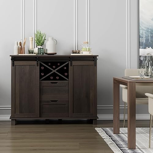 Miniatura 2 de HOSTACK Armario de buffet de granja gabinete de barra de café con 2 cajones y estantes ajustables gabinete de almacenamiento de puerta corrediza de