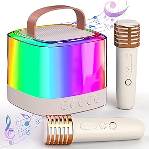 TAEMVV Mini Karaoke Machine for Kids with 2 Wireless Microphones, Portable Bluetooth Speaker & LED Lights, Birthday Gift Toy for Girls and Boys Ages 312+ (Beige)