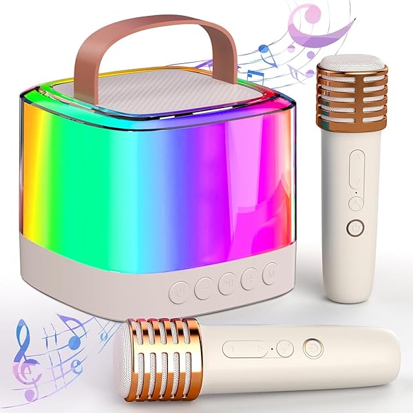 TAEMVV Mini Karaoke Machine for Kids with 2 Wireless Microphones, Portable Bluetooth Speaker & LED Lights, Birthday Gift Toy for Girls and Boys Ages 312+ (Beige)