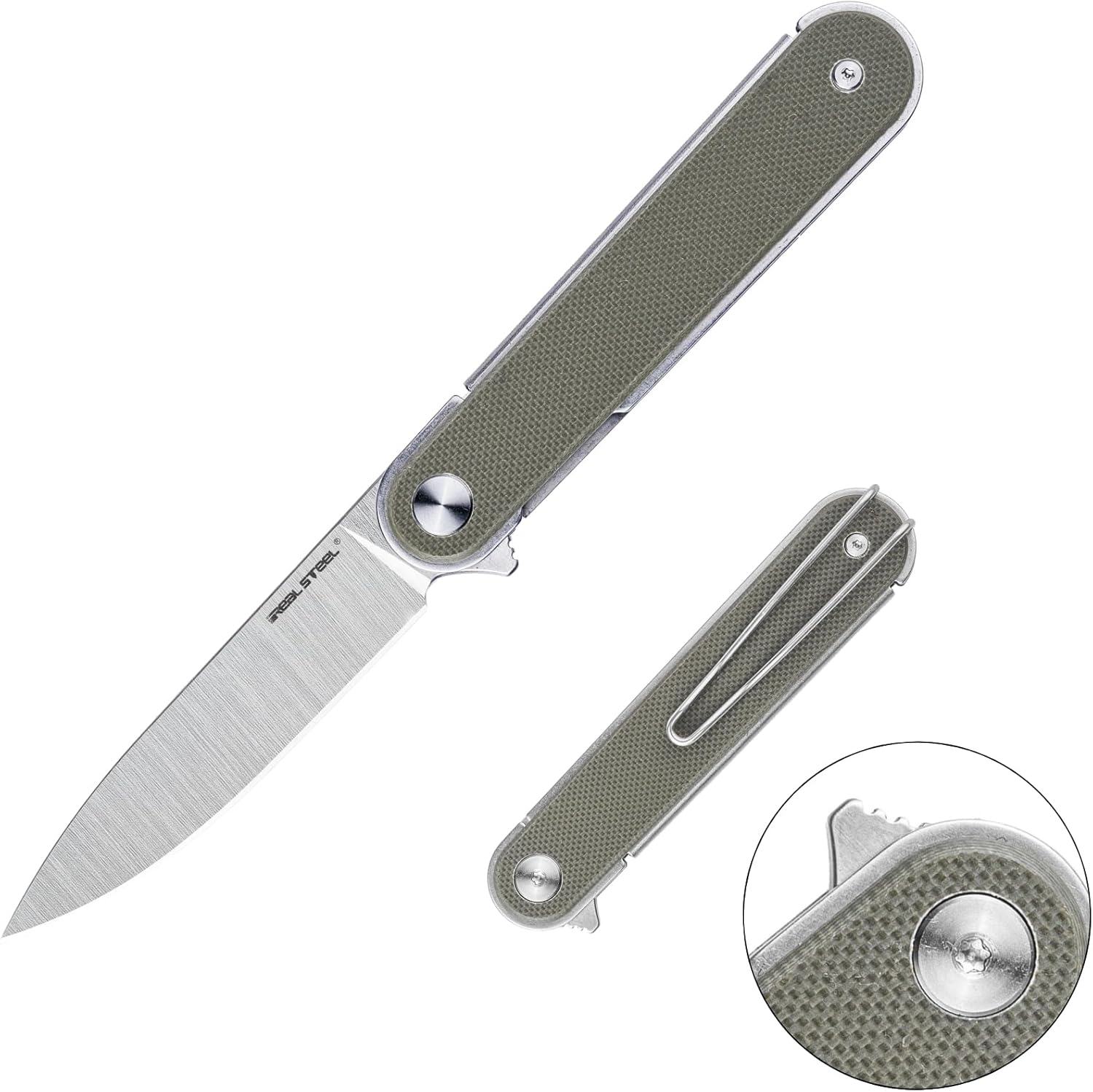 REALSTEEL IRIS Pocket Knife, Folding Knife, Flipper, Liner Lock, 2.99" 12C27 Steel Blade, Lightweight G10 Handle, 1.74oz, Deep-carry Pocket Clip, EDC Outdoor Indoor, Gifts for Men Women Camping Hiking Climbing Fishing (OD Green G10)