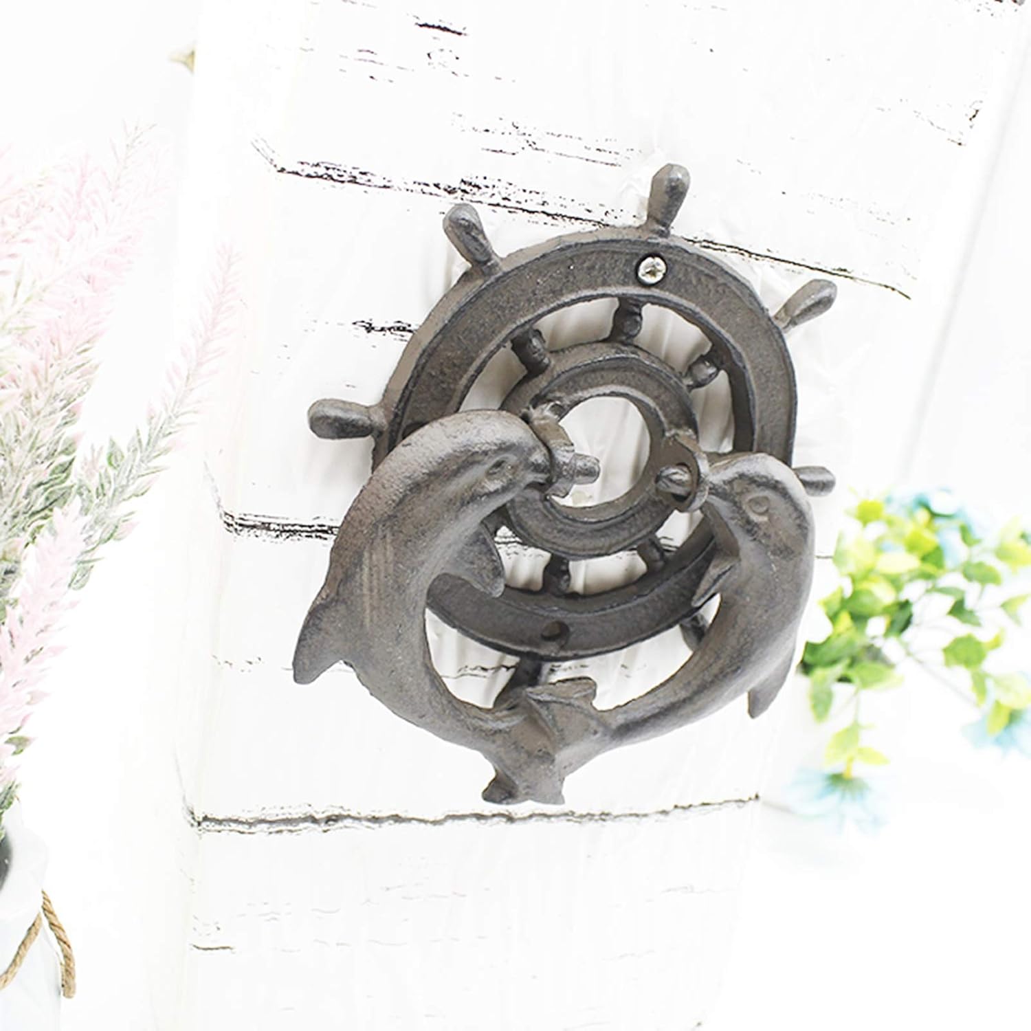 Door Knocker Vintage Dolphins Shaped Door Ring, Round Wheel Decor Gate Handle/Cabinet Pull Ring/Outdoor Garden Sheds Knocker, Traditional/Lovely (13.6 × 15cm)