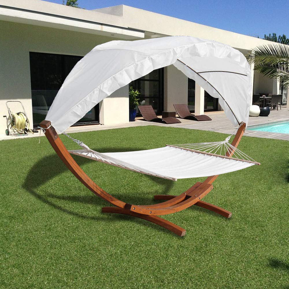 Hängematte Sonnendach mit Gestell,Hängemattengestell aus Holz Lärche + Dach bis 200kg Wetterfest Stabhängematte für Outdoor und Indoor,Hammock aus Wetterfestem Lärchenholz