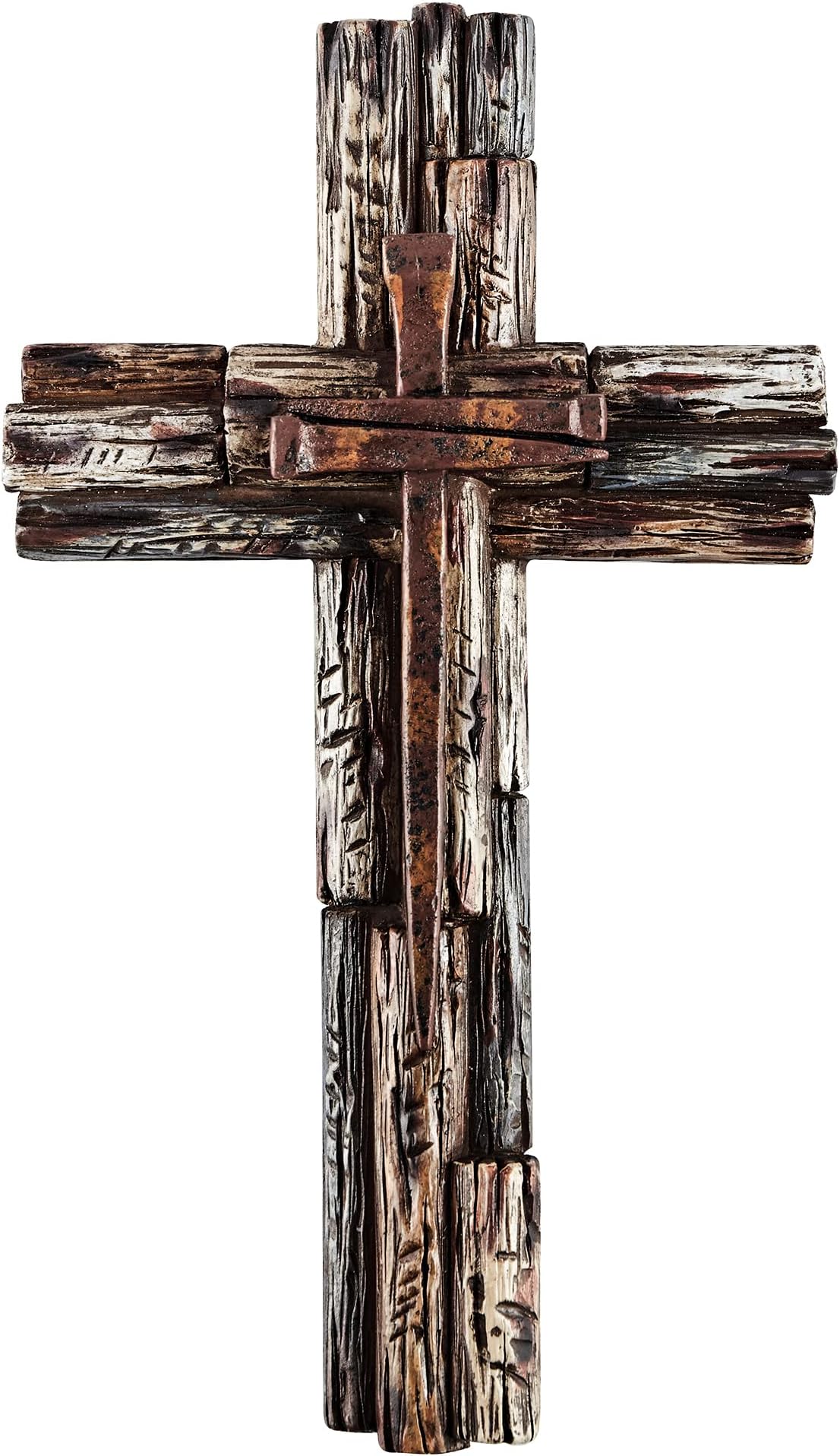 Eagrafts Rustic Decorative Layered Wood Like Resin Wall Cross With Faux Iron Nails, Home Wall Decor
