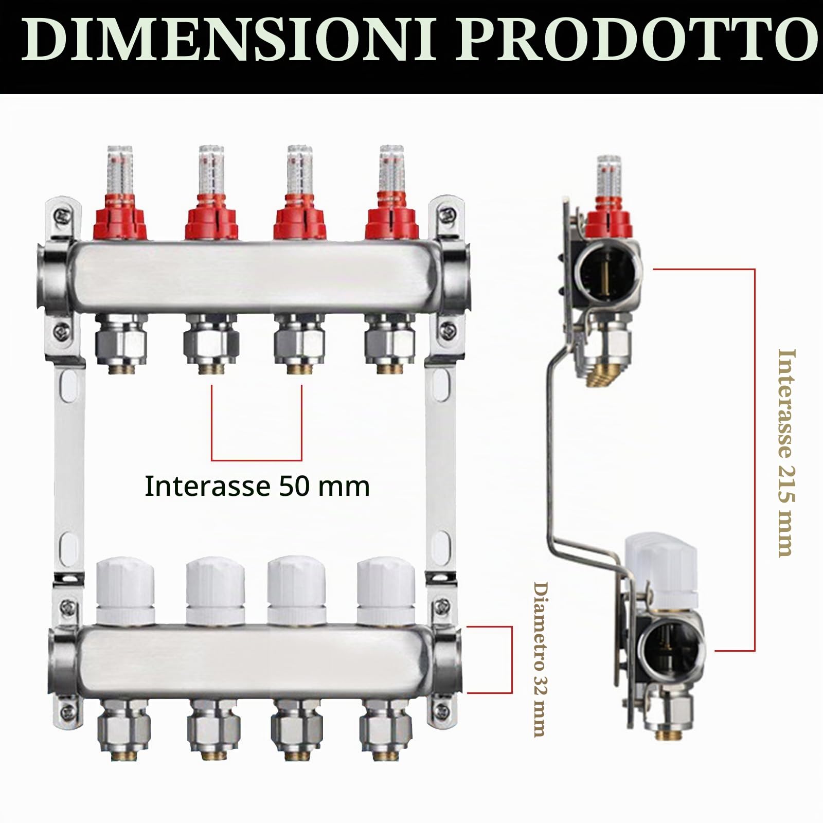 Distributore Circuito Riscaldamento, Misuratore Portata 4 Circuiti Riscaldamento Pavimento Impianto Riscaldamento Pavimento Acciaio Inox Con Flussometro Senza Valvola Sfera Filettatura Esterna 3/4"