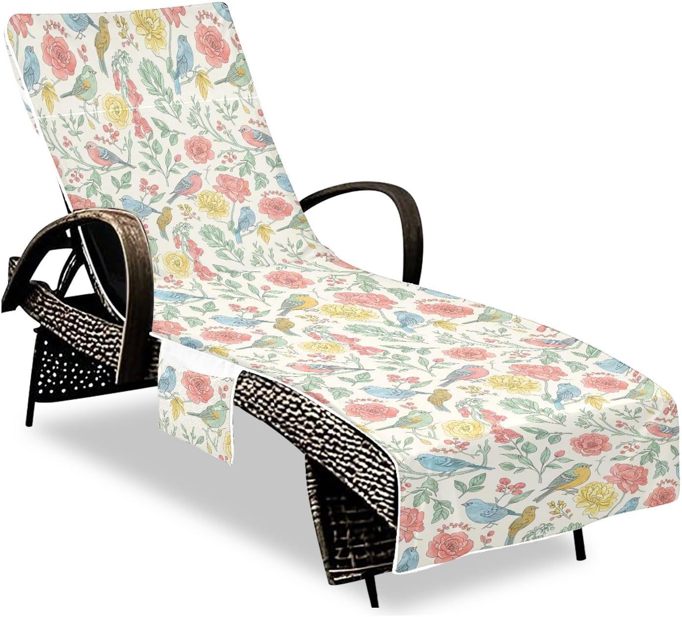 Spring Flowers and Birds Lounge Chair Towel Cover with Side Pockets – 85x30in Foldable Chaise Cover for Beach, Pool, Patio, Spa