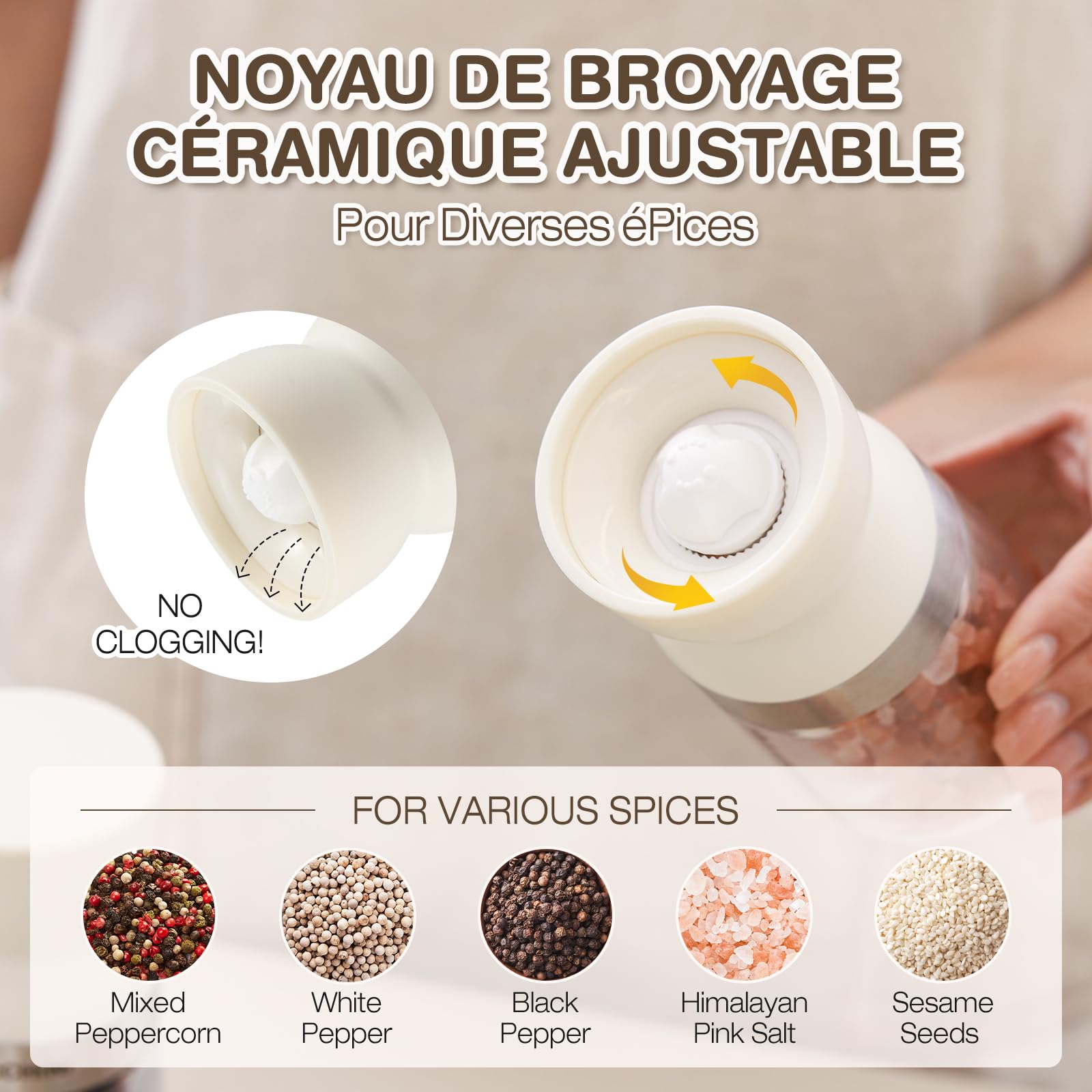 Vucchini Moulin à Sel et à Poivre 2 Ensembles avec Noyau en Céramique, Grosseur Ajustable, Beige