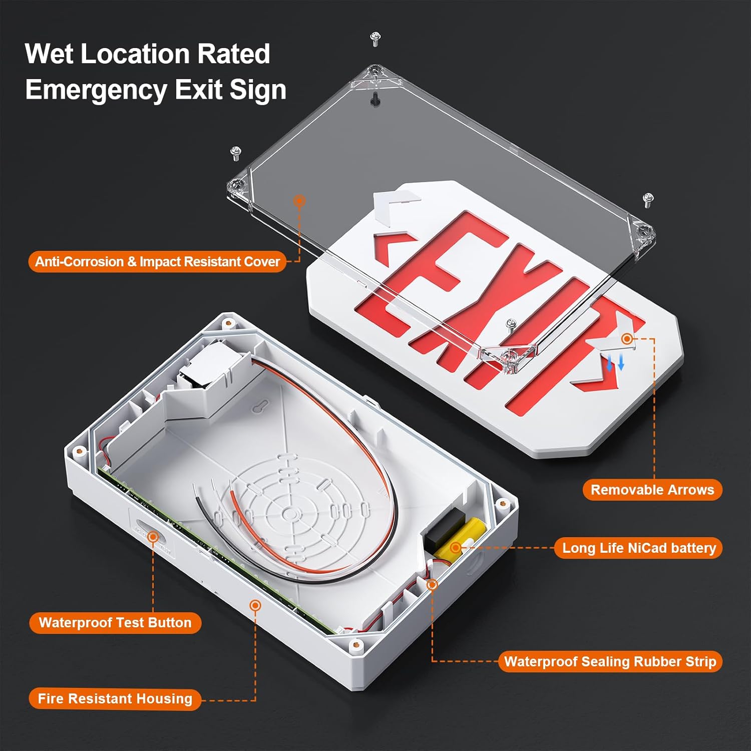 Wet Location Exit Sign,Exterior Weatherproof LED Exit Light with Battery Backup,Switchable Red/Green Colors,Double Sided Emergency exit sign,Outdoor Waterproof Hardwired Emergency Exit Light,120V/277VAC,UL Listed(1 Pack)