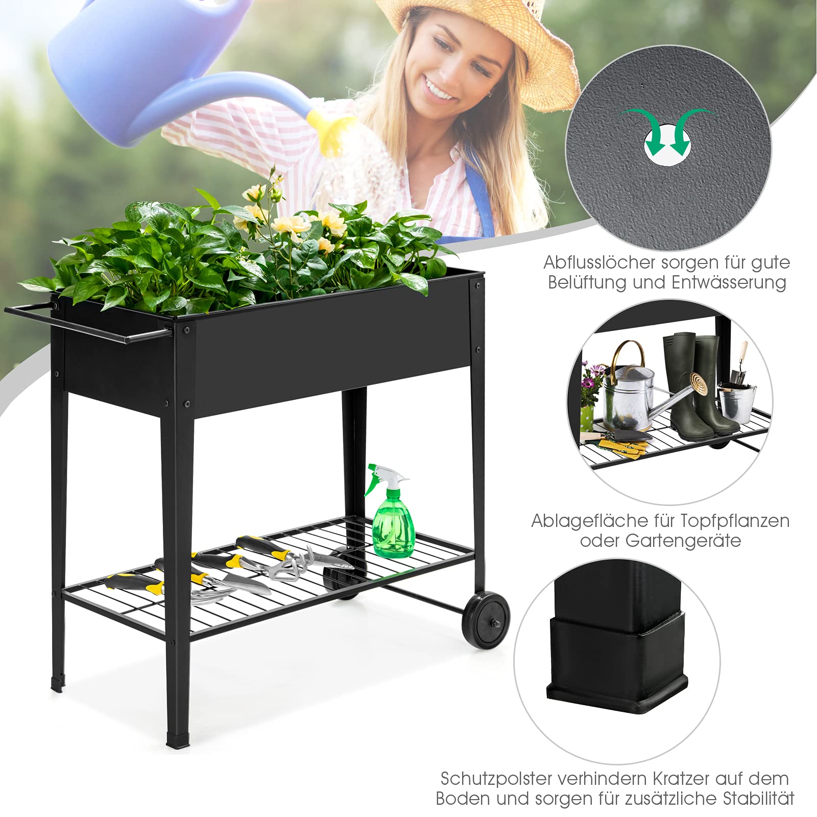 Koutemie Hochbeet Auf Rädern – Schwarzer Gartenwagen, 97,5 X 33 X 78,9 Cm, Mit Wasserdichtem Stoff