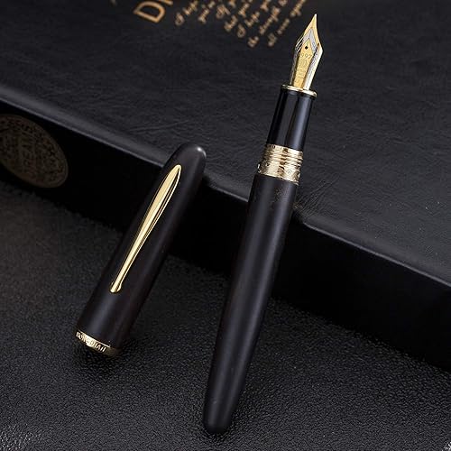 HongDian 660 pluma estilográfica de madera de ébano natural, pluma de escritura fina de iridio con estuche de metal