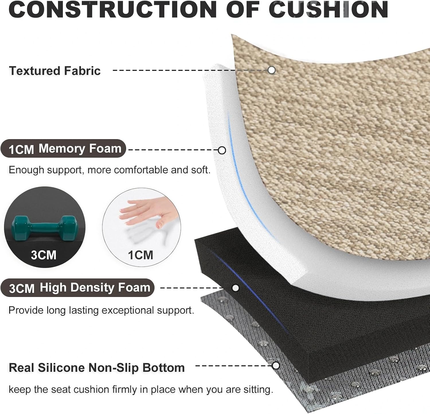 baibu Set of 2 Memory Foam Rectangle Bar Stool Cushions, Dual-Layer Non-Slip Dining Chair Pads Kitchen Bench Stool Cushions with Machine Washable Cover - Only 2 Pads (Beige, 15.7×11.8×1.5in)