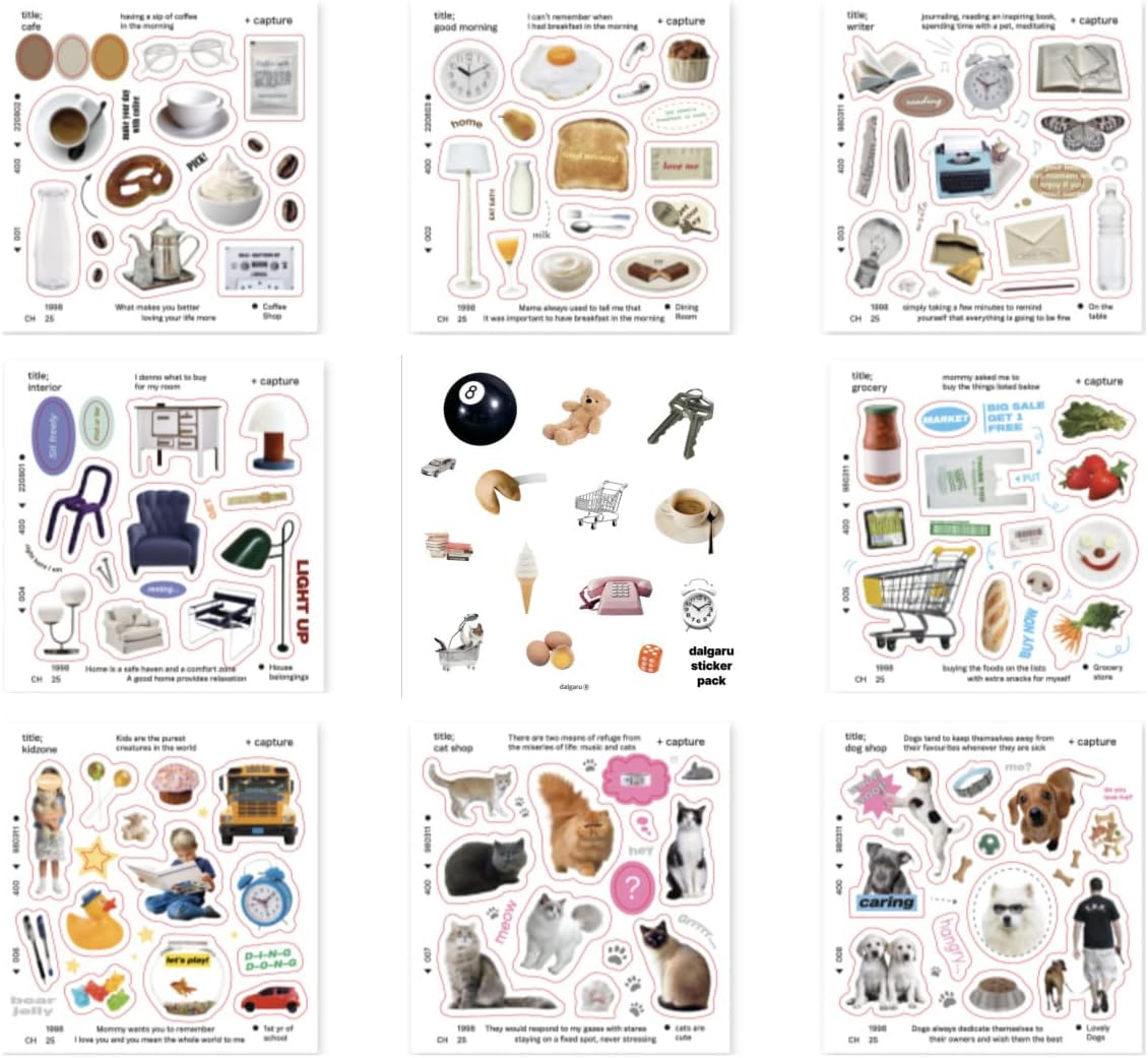 Aesthetic Essential Kitsch Korean Removable Stationery Object Sticker Pack - 8 Sheets (Total 110+) & 1 dalgaru sticker sheet for polco, toploader, photocards, planners, diaries, journals, scrapbooks / gift for for girls, women, college, school