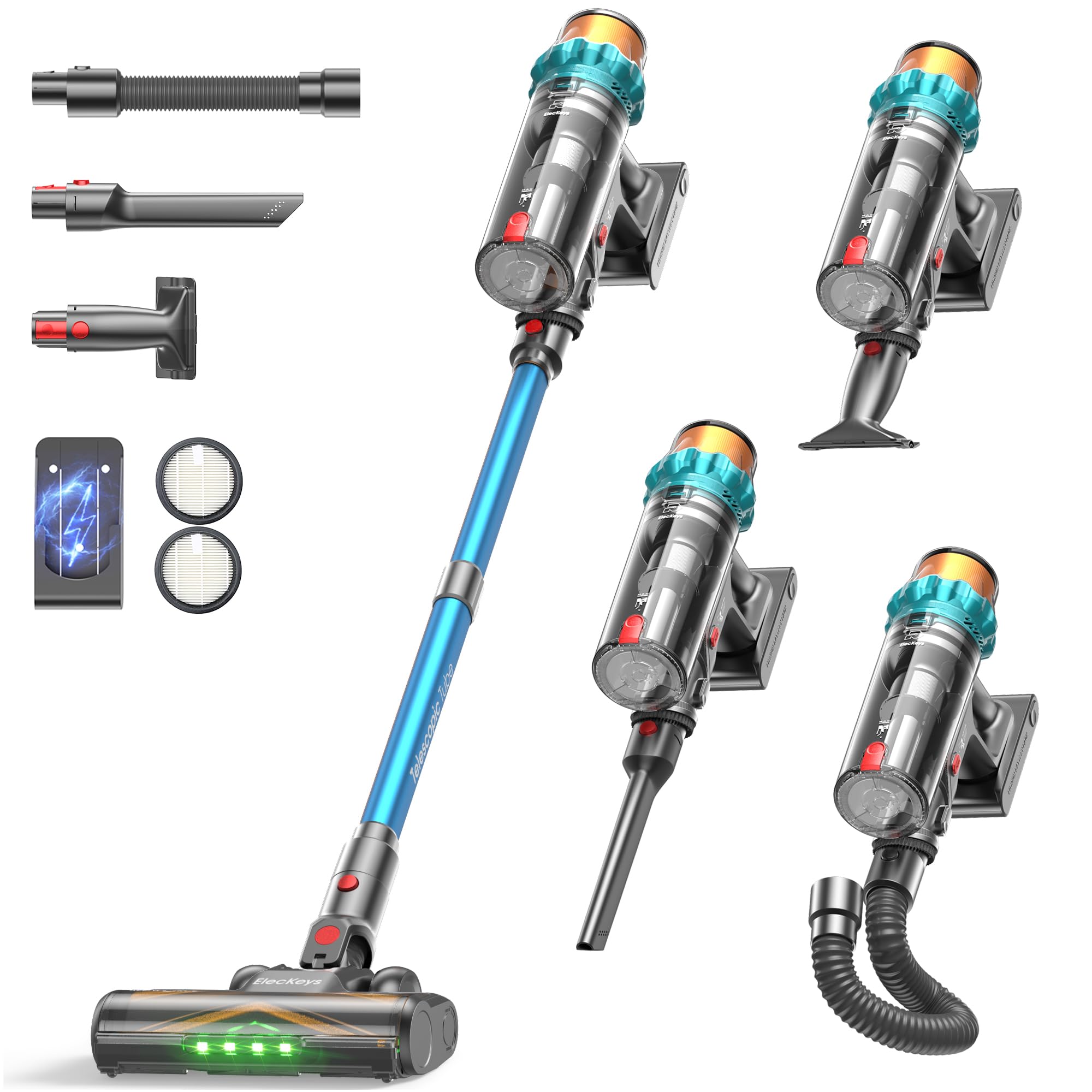 ElecKeys Akku Staubsauger 50000Pa/580W/70Min, Staubsauger Kabellos mit LED Display, 1,8L Akkustaubsauger mit Anti-Tangle-Bürste, Selbststehend für Tierhaare Teppiche Hartböden Auto, Blau, K10
