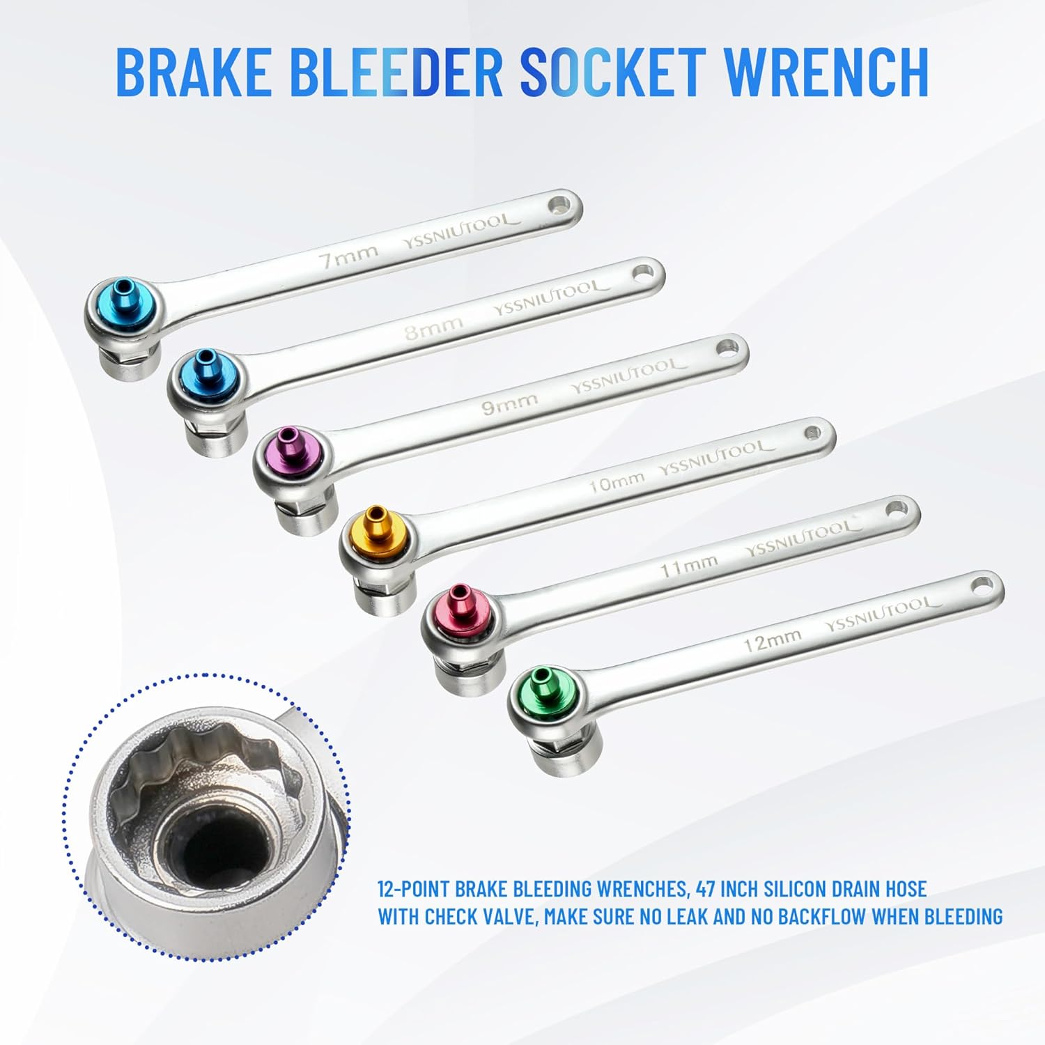 Brake Bleeder Wrench Set, Brake Bleeding Wrench Set with Non-Return Check Valve,Includes Six Bleeder Wrench Sizes(7mm 8mm 9mm 10mm 11mm 12mm)