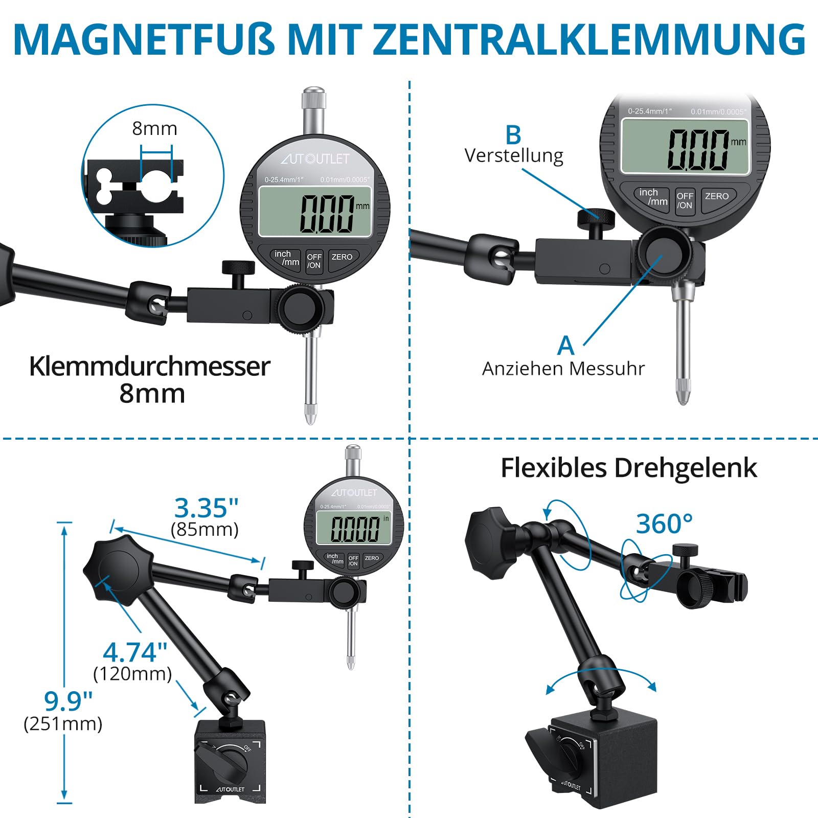 AUTOUTLET Digital Messuhr und Magnetfuß mit Zentralklemmung 25cm 132lbs/60kg Maximale Zugkraft, 0-25,4mm/1'' Messtaster Zoll/Metrische Umrechnung, Magnet Messuhrhalter, für Labor Werkstatt 3D Drucker
