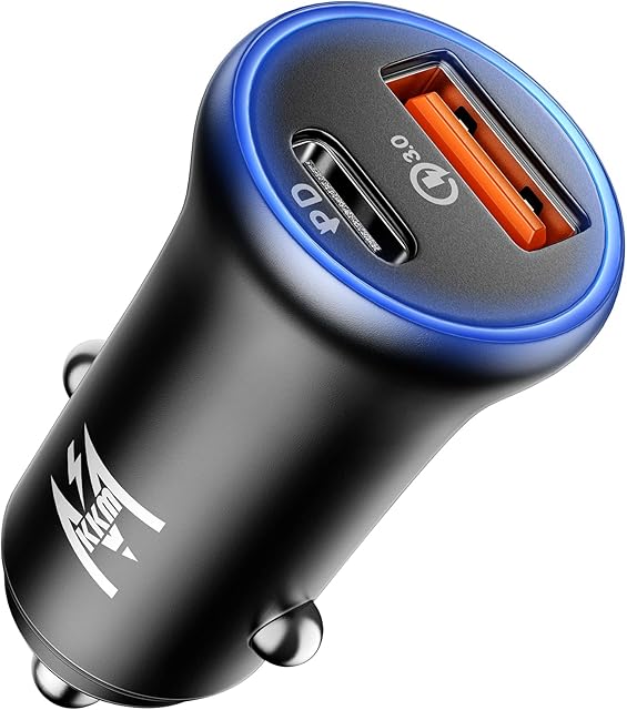KKM Car Charger, 38W Fast Car Phone Charger Adapter QC(3.0)&PD(2.0), Dual-Port Cigarette Lighter USB Charger with Blue LED, Compatible with iPhone 14 Pro/14 Pro Max/14/14 Plus, Galaxy S22/S21/S20