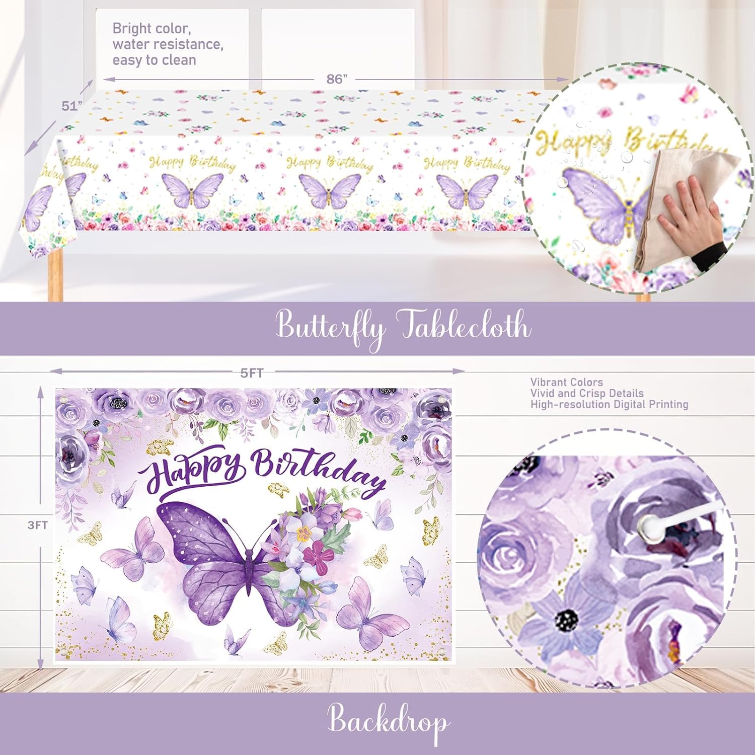 Butterfly Birthday Decorations Girl, Purple Butterfly Party Supplies Set, 151Pcs Floral Themed Party Decorations with Happy Birthday Backdrop Balloon Garland Kit Banner Flower Tablecloth - Image 5