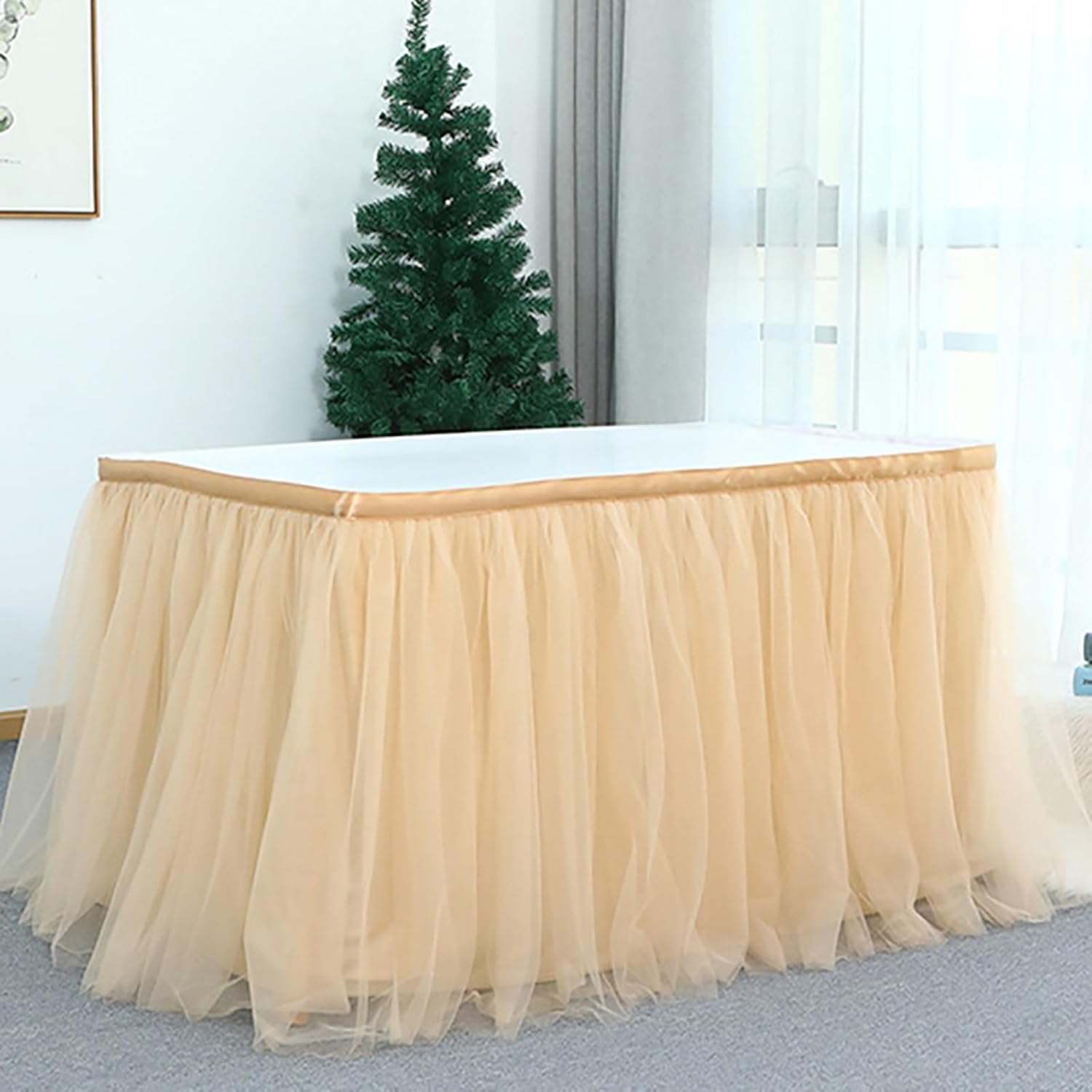 Table Skirt with Adhesive Design, Reusable, Sheer Mesh Material Table Cover, for Wedding, Birthday, Baby Shower and Party Decoration(Pink,427cm/168.1in)