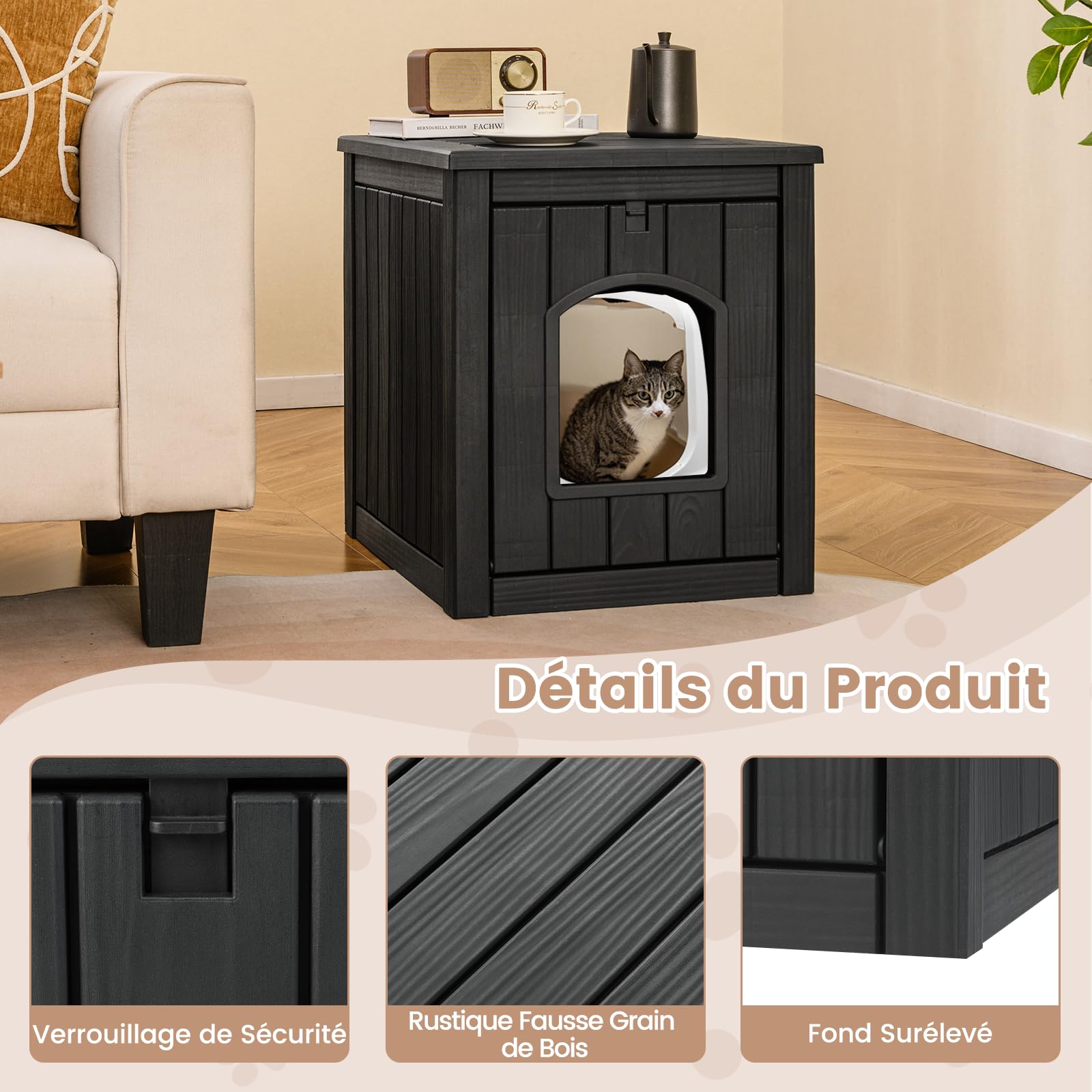 COSTWAY Maison pour Chat Interieur Exterieur en PP, Porte à Battant, 4 en 1 Meuble Litiere Chat, Verrouillage de Sécurité, Base Surélevée, Niche pour Chaton Chien Lapin, 60 x 47 x 54,5 cm (Noir)