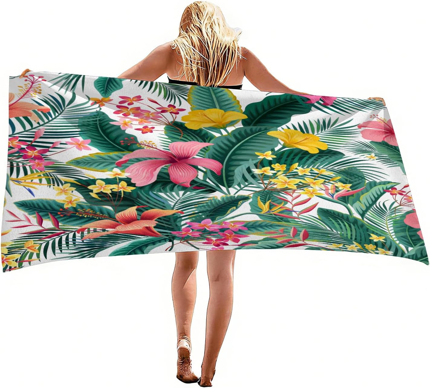 Tropical Green Leaves Lightweight Microfiber Beach Towel,Palm Banana Leaf Pink Yellow Floral Oversized Soft Towel for Travel Camping Swimming Yoga Sports Vacation，60" L x 30" W