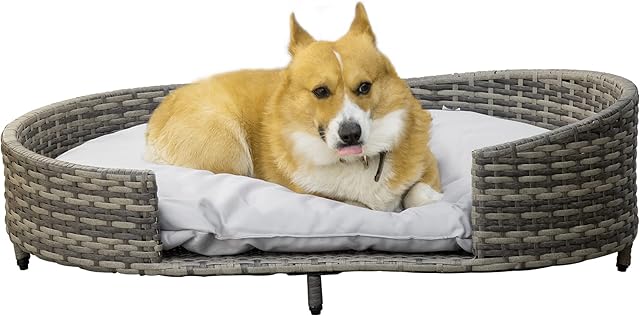 PawHut Wicker Dog Sofa with Soft Water-resistant Cushion, Rattan Cat Bed Raised Pet Bed Hand Woven with Washable Cover Indoor Outdoor Use, for Large Sized Dogs