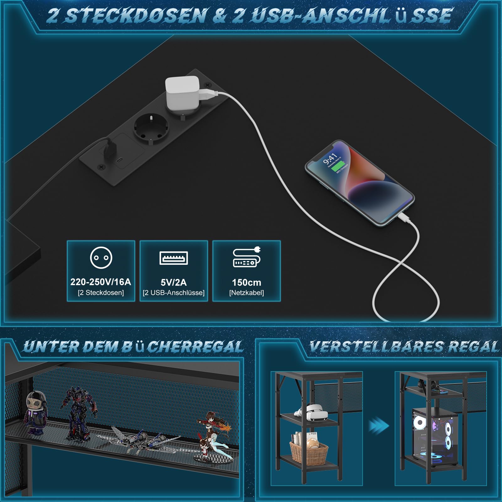iSunirm L-förmiger Gaming-Schreibtisch, 141x117x76 cm, Computertisch mit Ablagefach, Büroschreibtisch mit umkehrbarem Ecktisch für Studium, Spielen, Homeoffice,Schwarz