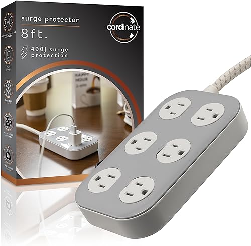 Cordinate Adapt 80654 - Tira de alimentación con 6 tomas de corriente ampliamente espaciadas, cable de extensión trenzado de 8 pies, extensor
