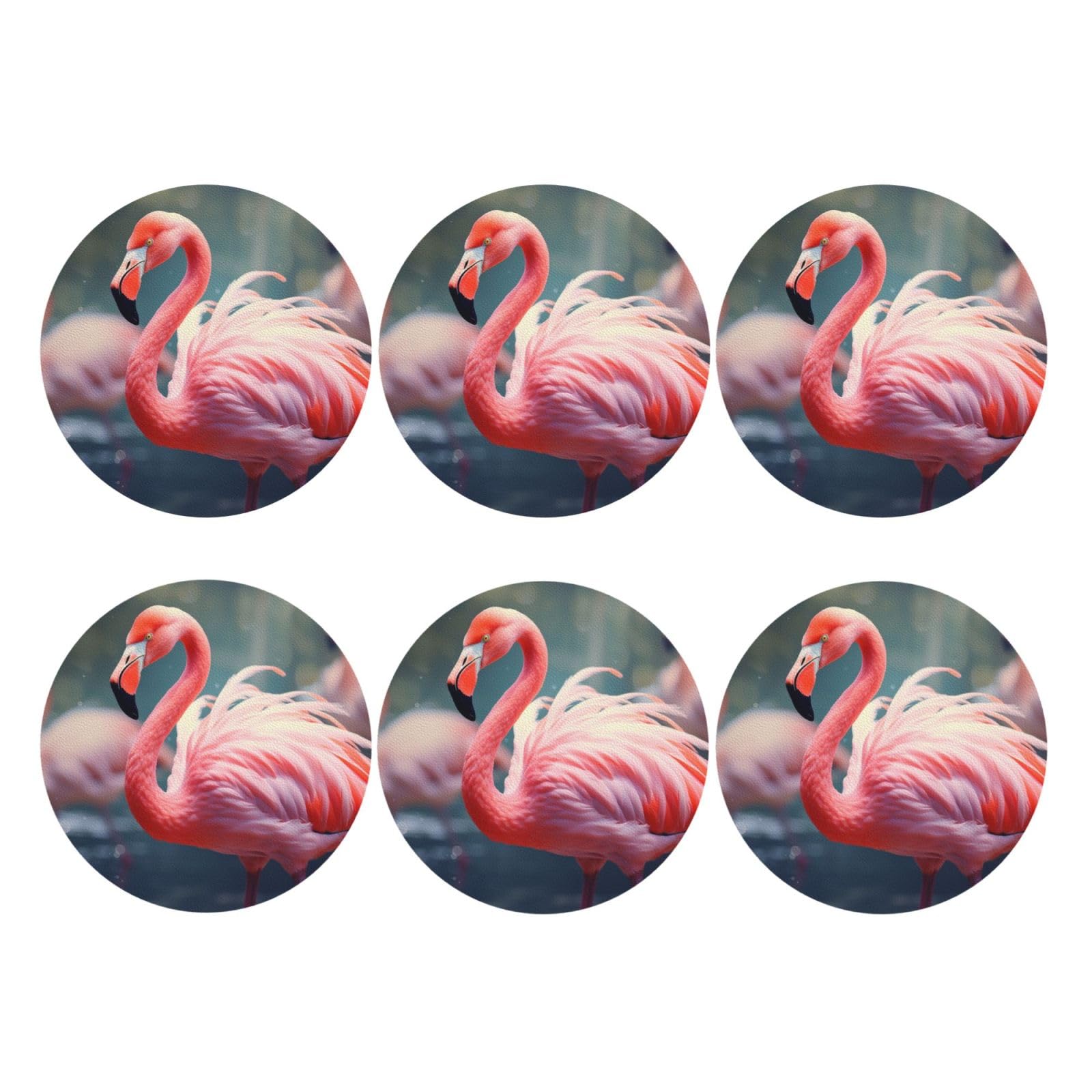 6pcs Leather Coasters for Drinks, Pink Flamingo Drink Coasters for Tabletop Protection, 4" Cup Coasters for Coffee Table Decor, Non-Slip Drinking Cup Mat for Hot Or Cold Drink