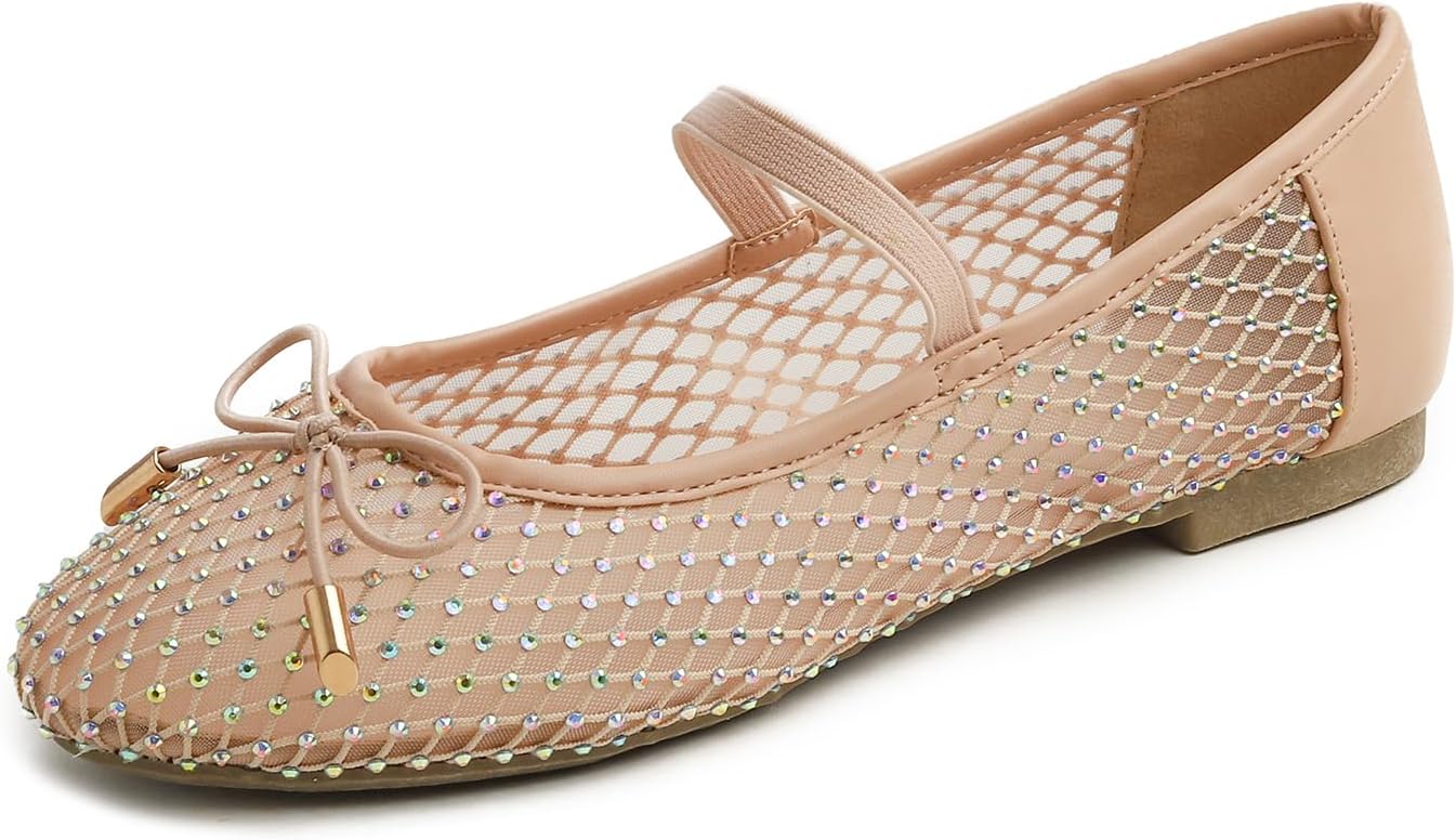 Women's Fashion Mesh Soft Mary Jane Round Toe Sparkle Flats