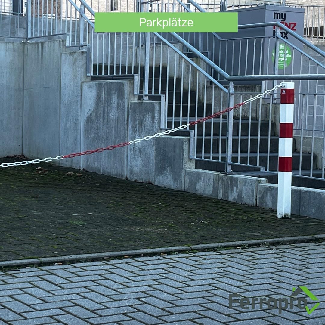 Catena in acciaio/catena di intercettazione Ø 5 mm, lunghezza: 10 m, rosso/bianco, acciaio zincato, con collegamento di emergenza e moschettone, ideale per cantieri, parcheggi, eventi, eventi