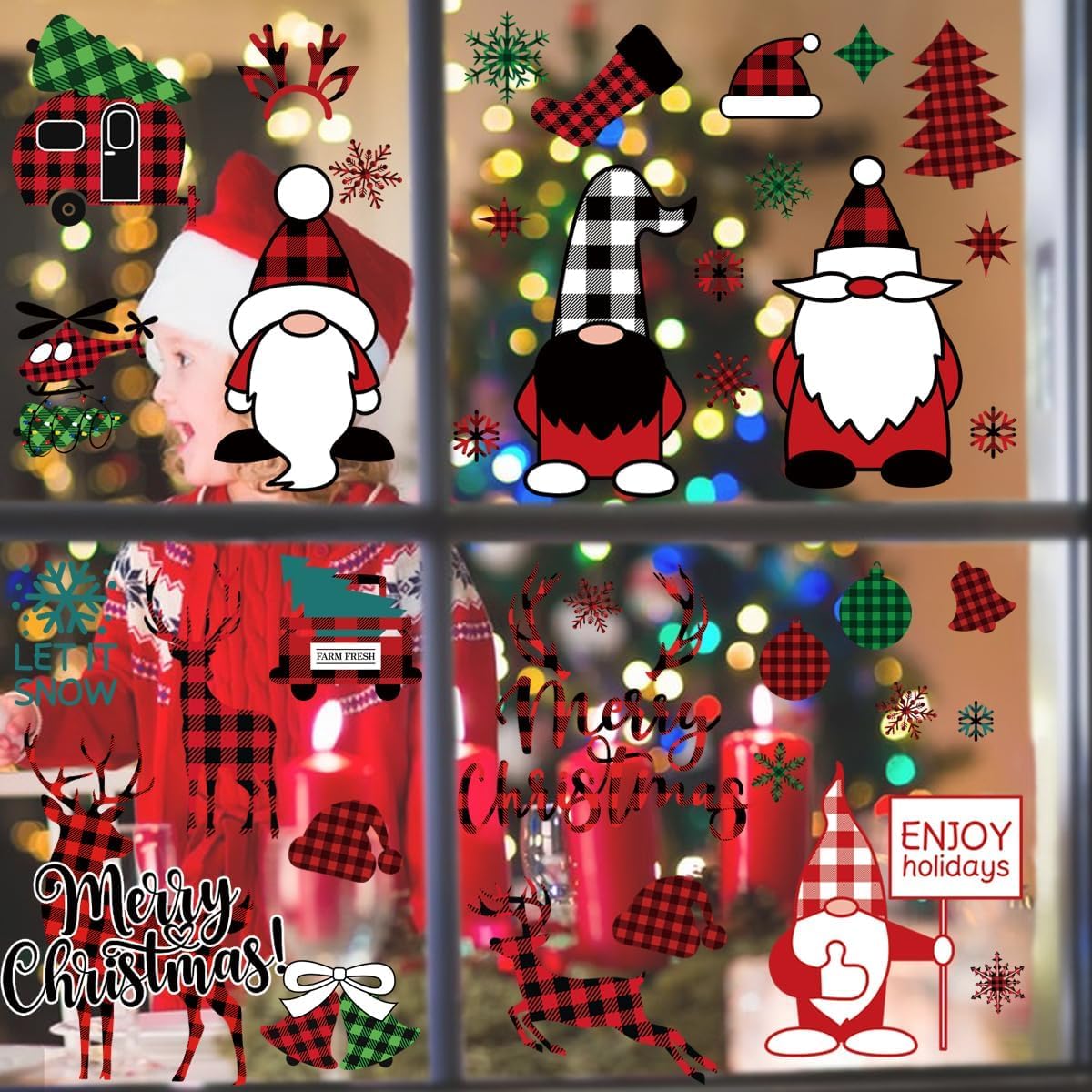 BORAMDO Christmas Window Clings 12 Sheets - Buffalo Plaid Removable Decals, Watercolor Design For Glass Holiday Decor