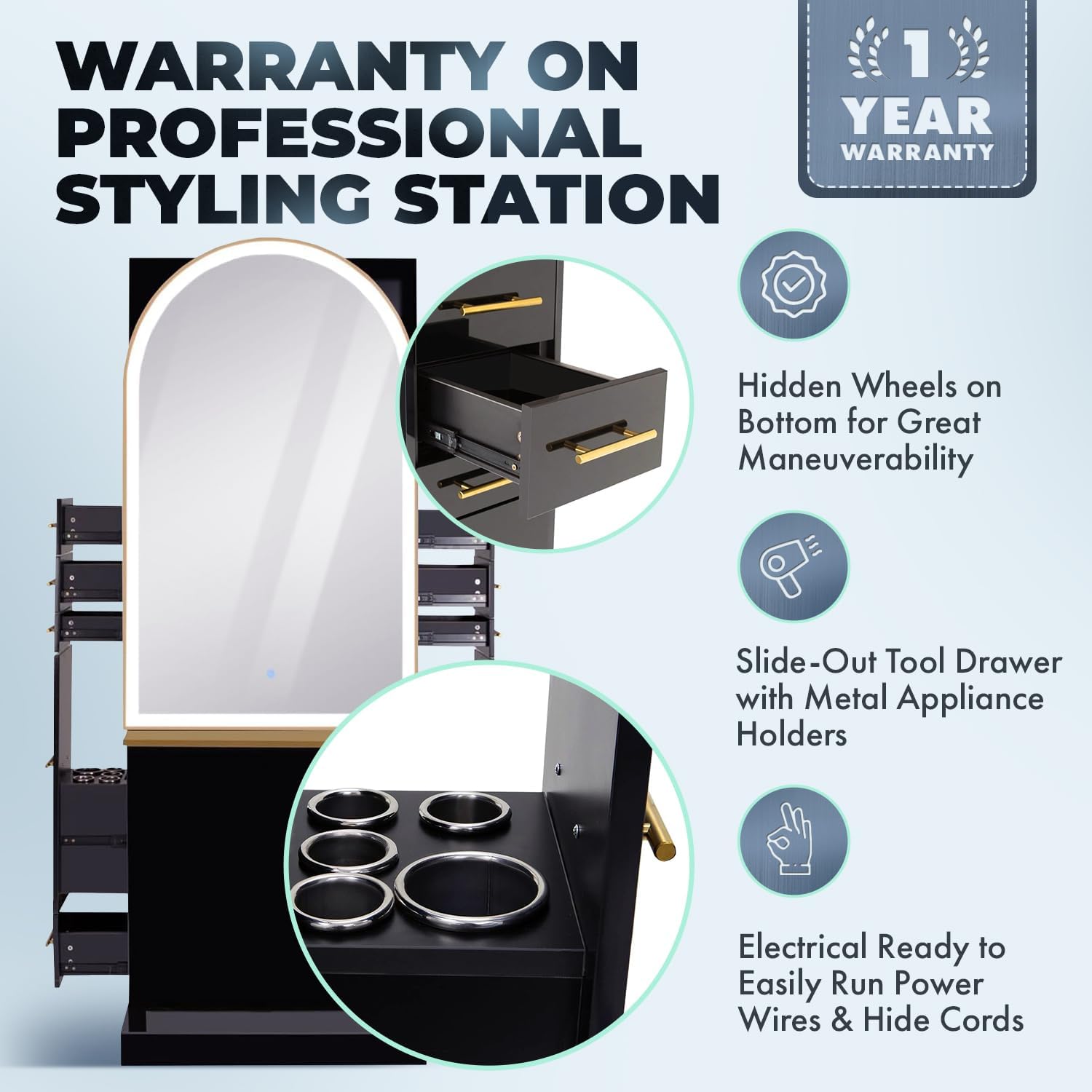 Milan Ultra Double-Sided LED Styling Station with Shelf for Professional Salons and Barbershops, Gold Frame and Shelf with Gold Handles, NIN-MDN-01-ULTRALED (Gloss Black)
