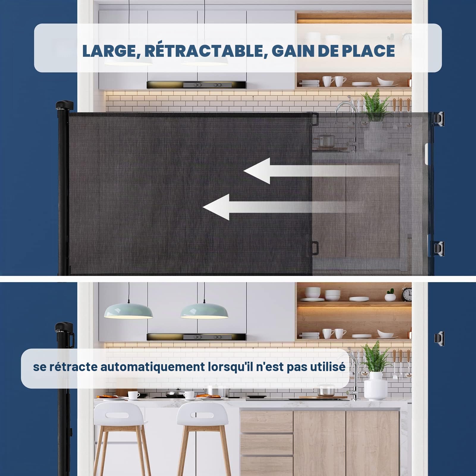 HollyHOME Barrière de Sécurité Rétractable pour Bébé 180 cm Extra Large à Une Main, Barrière D'escalier pour Bébé et Animaux Domestiques, Intérieur et Extérieur, Noir