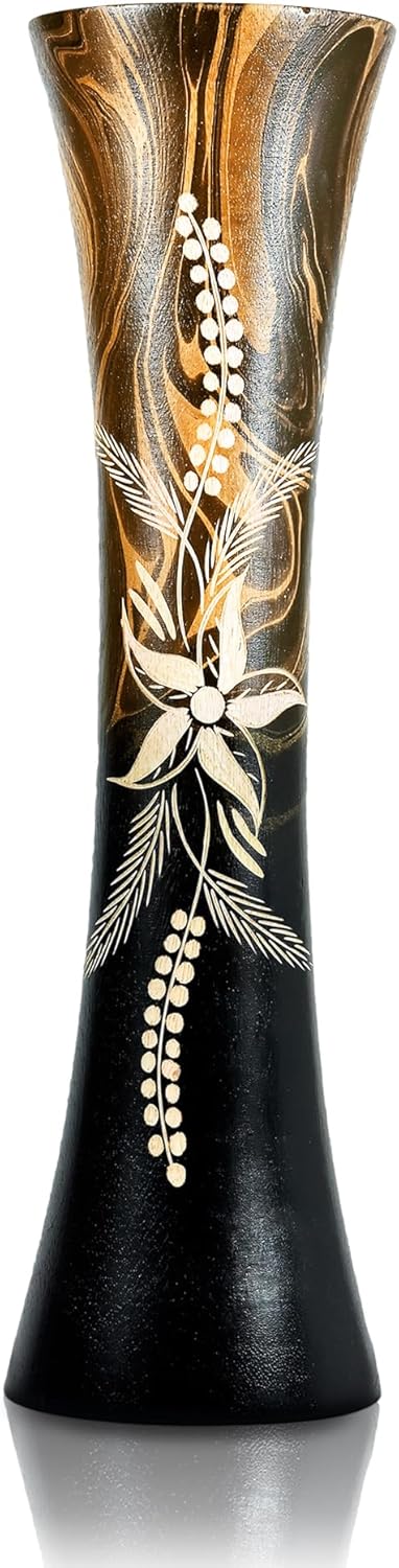 AeraVida Hand Carved Tropical Flower 14-inch Curved Cylindrical Wooden Vase Brown