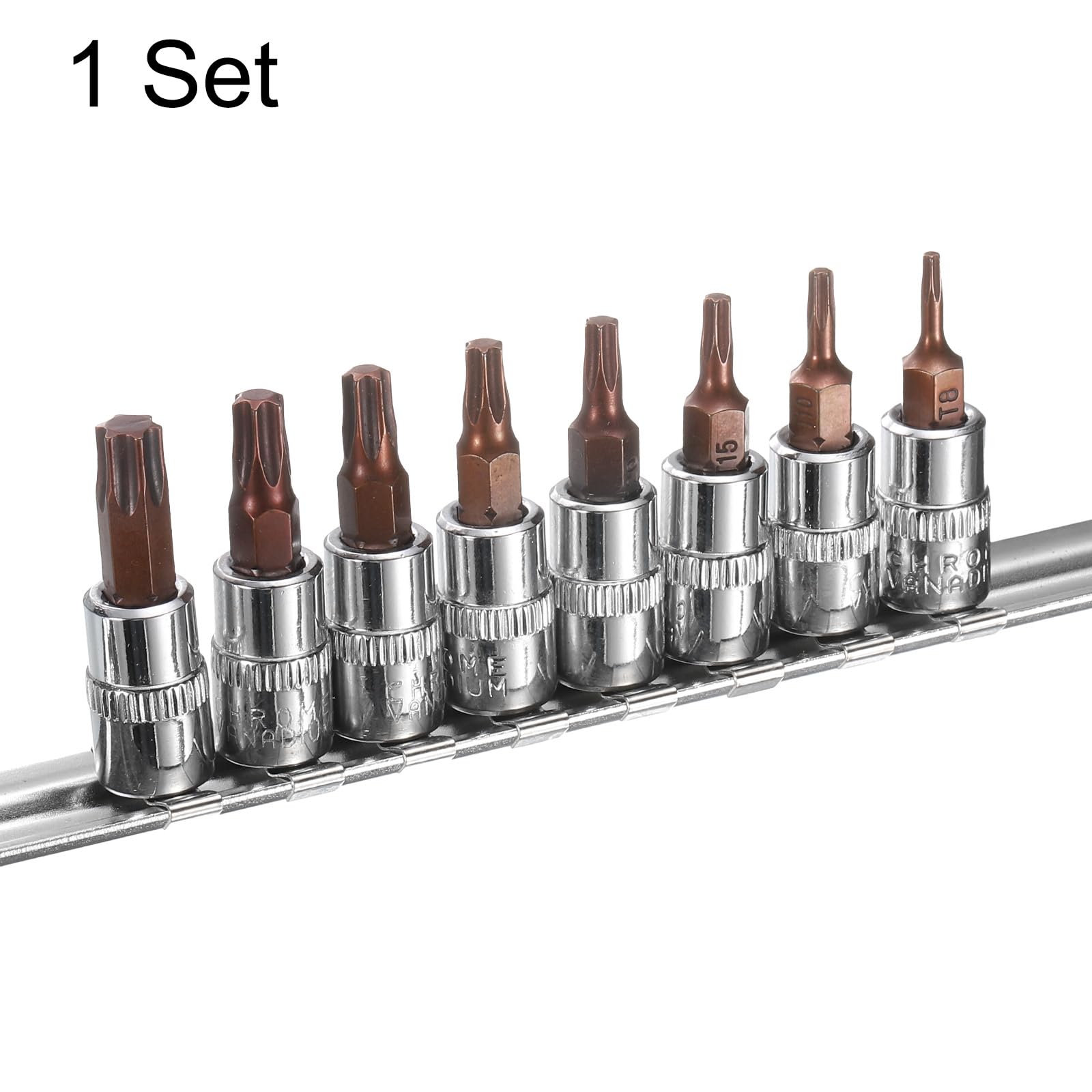 HARFINGTON Juego de 8 llaves de vaso Torx T8-T40 de 1/4 pulgadas de estrella de accionamiento cuadrado de 6 puntos de extensión de impacto de tuerca de potencia, juego de llaves de carraca de acero S2